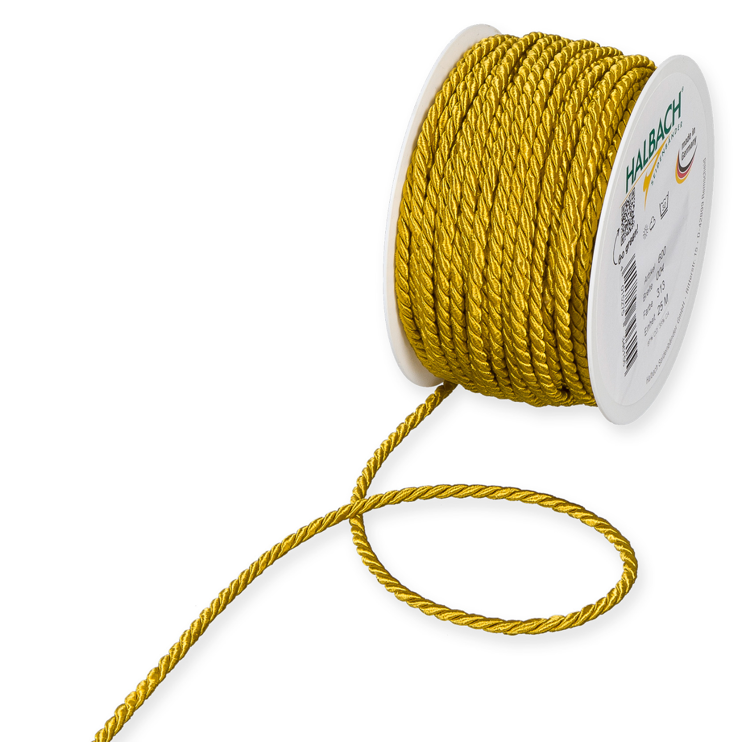 Kordel 4mm 5m, dunkelgelb, auf einer Rolle von Halbach. Ideal für kreative Bastelprojekte.