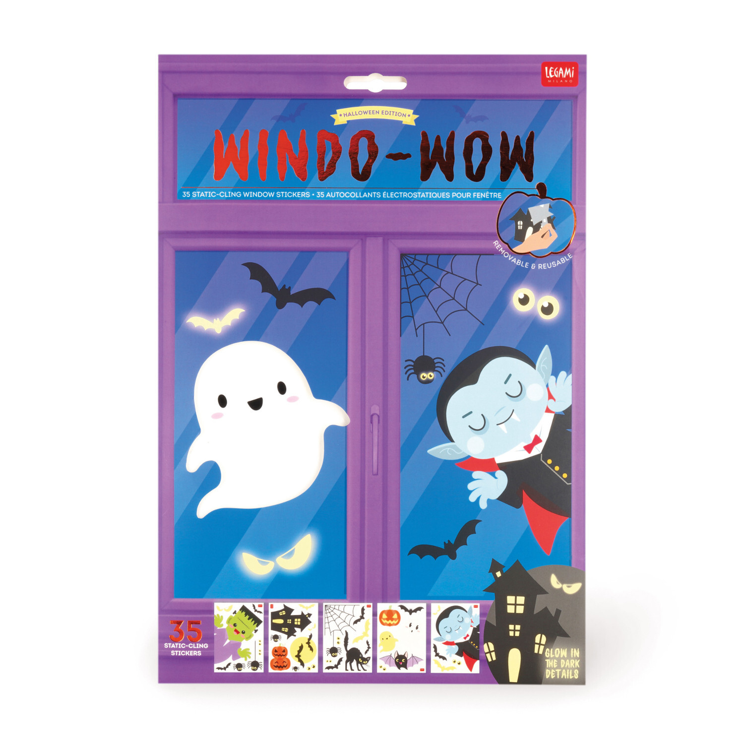 Fenster Sticker Windo-Wow: 35-teiliges Set mit Geistern und Fledermäusen, ideal für Halloween-Dekorationen.