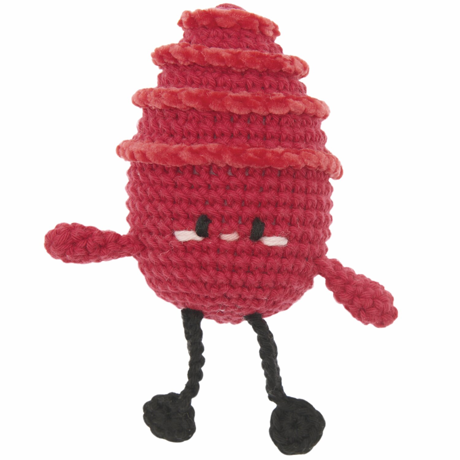 Ricorumi Rainbow Weirdos, gehäkelte Figur in Rot mit schwarzen Beinen, aus Creative Ricorumi dk.