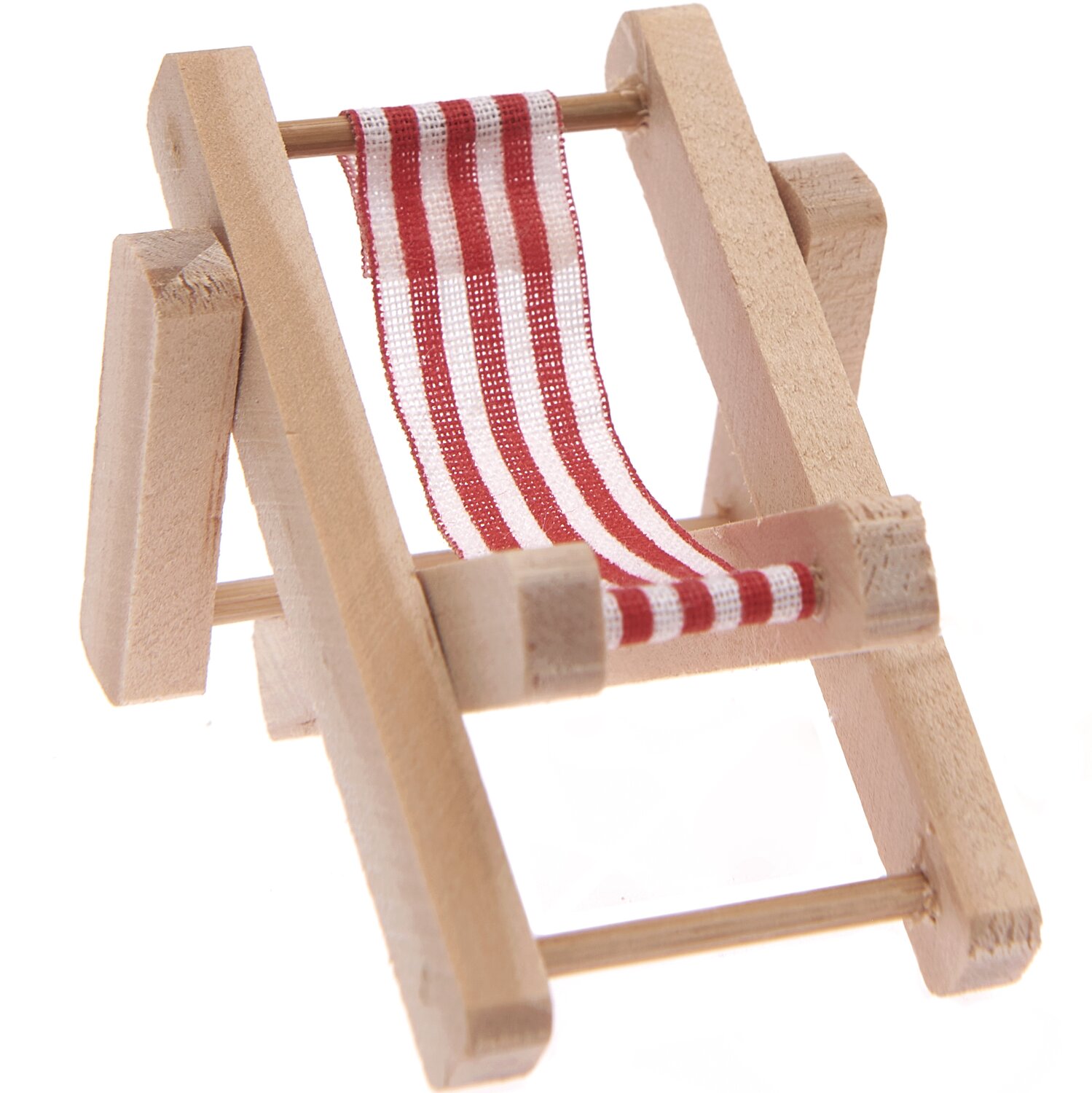Deko-Liegestuhl rot-weiß aus Holz mit gestreiftem Stoffbezug, ideal für Miniatur-Arrangements.