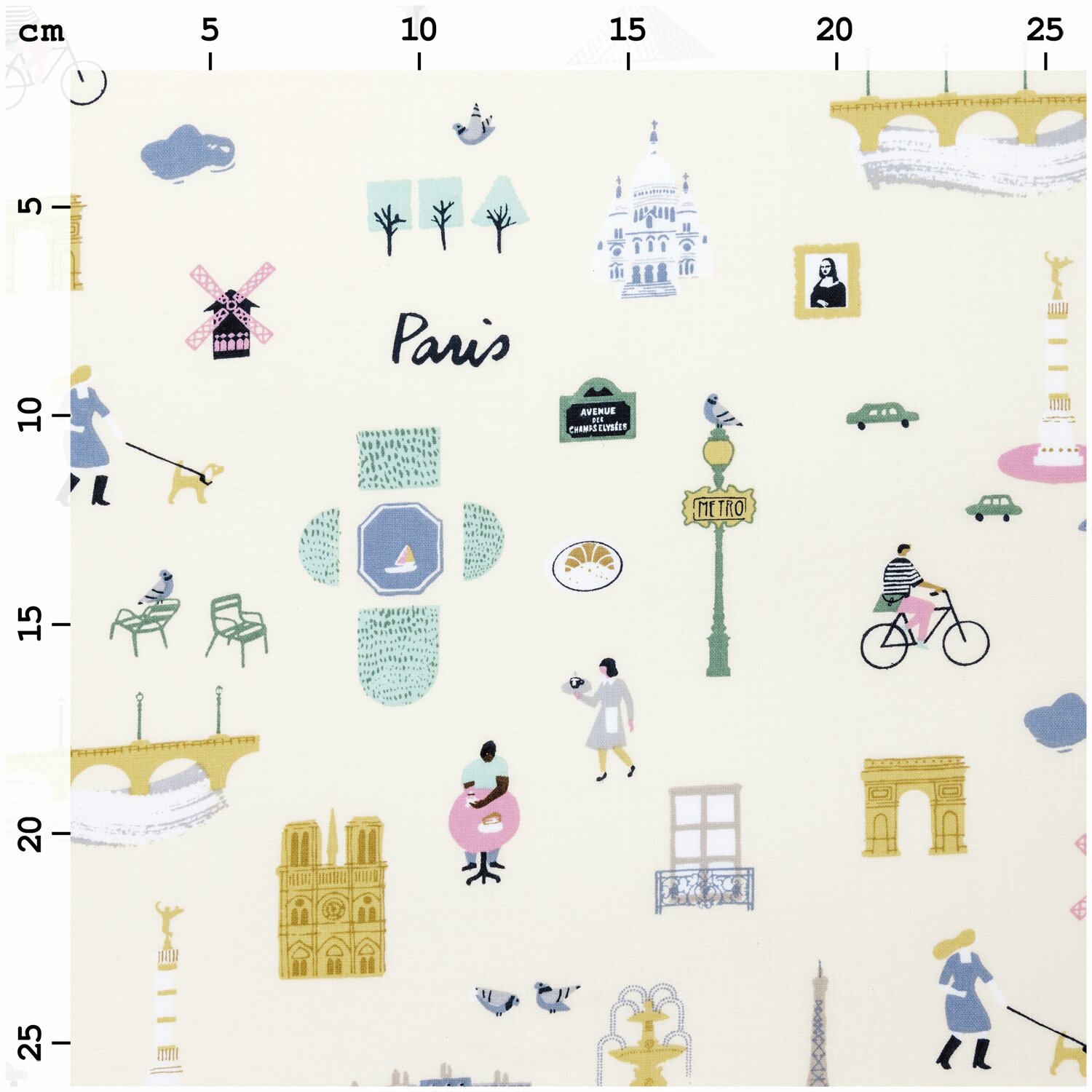 Druckstoff Paris hellgelb 140cm mit Pariser Motiven, darunter Wahrzeichen und Alltagsszenen.