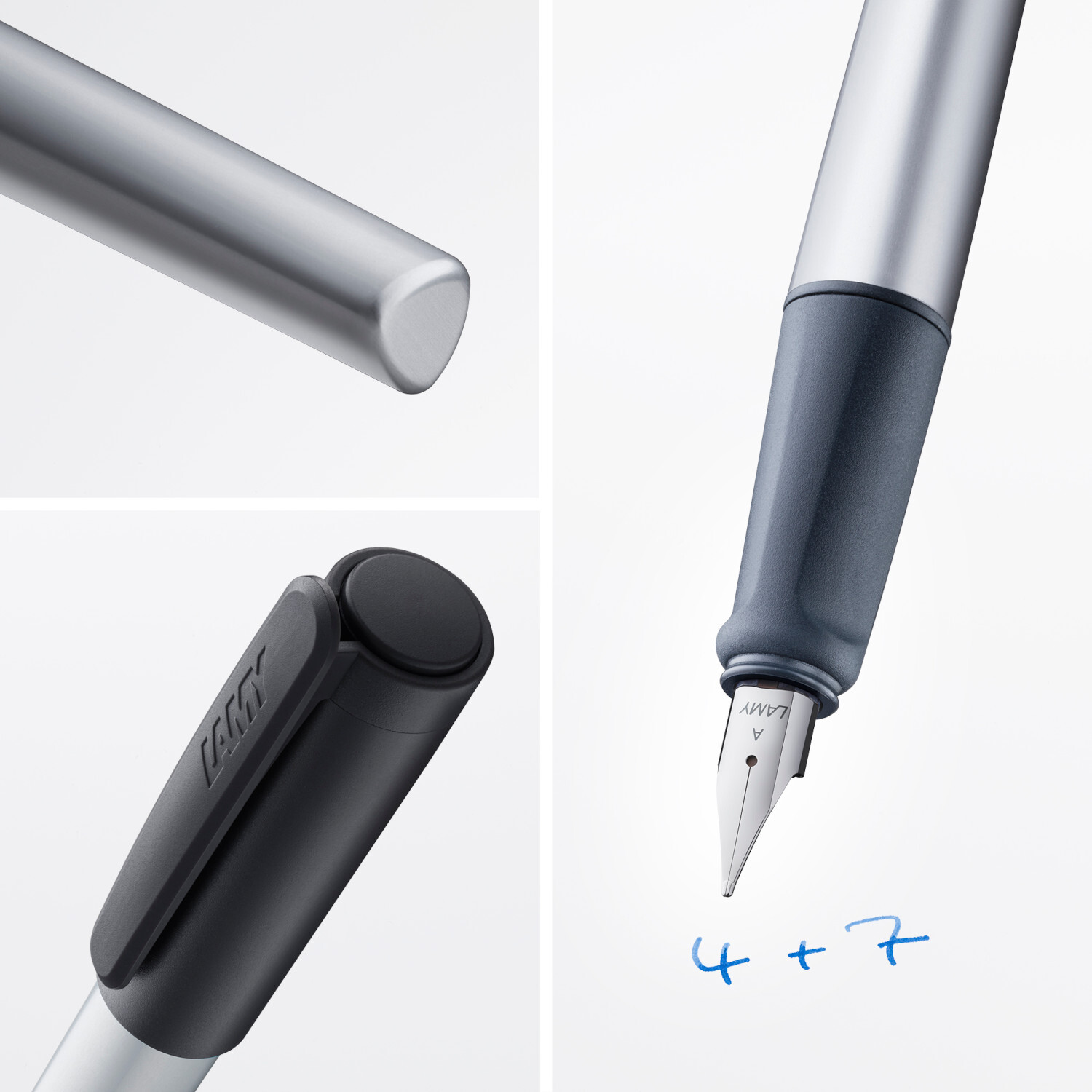 Füllhalter nexx Feder A Farbe Black von C. Josef Lamy  Füllhalter nexx mit schwarzem Griff und silberner Kappe, Marke Lamy, Feder A, schreibt blau.