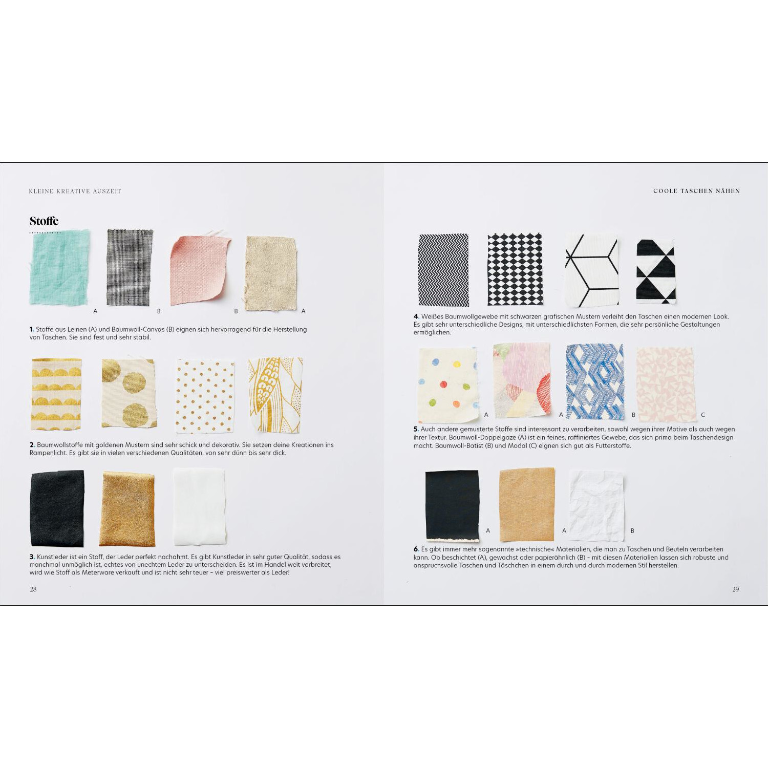 Kleine kreative Auszeit: Coole Taschen nähen zeigt Stoffmuster in verschiedenen Farben und Mustern.