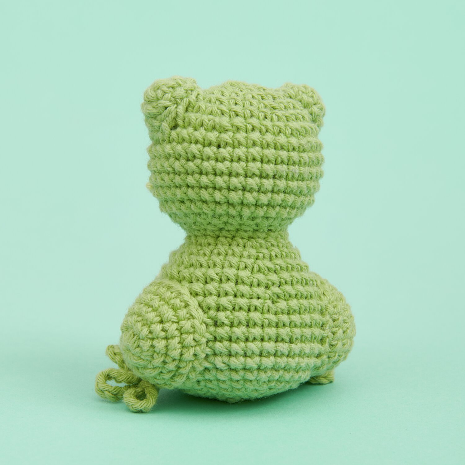 Ricorumi Mini Easy Häkelset - Frosch: Rückansicht eines gehäkelten Frosches in Grün auf mintfarbenem Hintergrund.