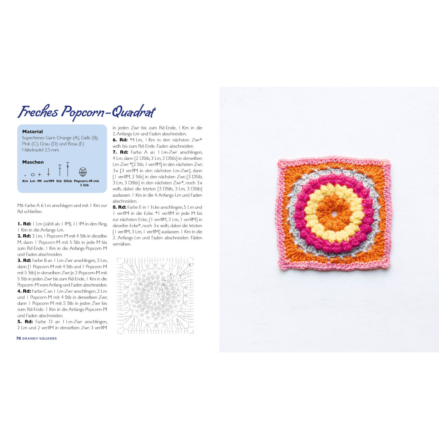 Musterbibel Granny Squares - Blumenzauber: Buntes Häkelquadrat mit Popcorn-Muster, Anleitung links.