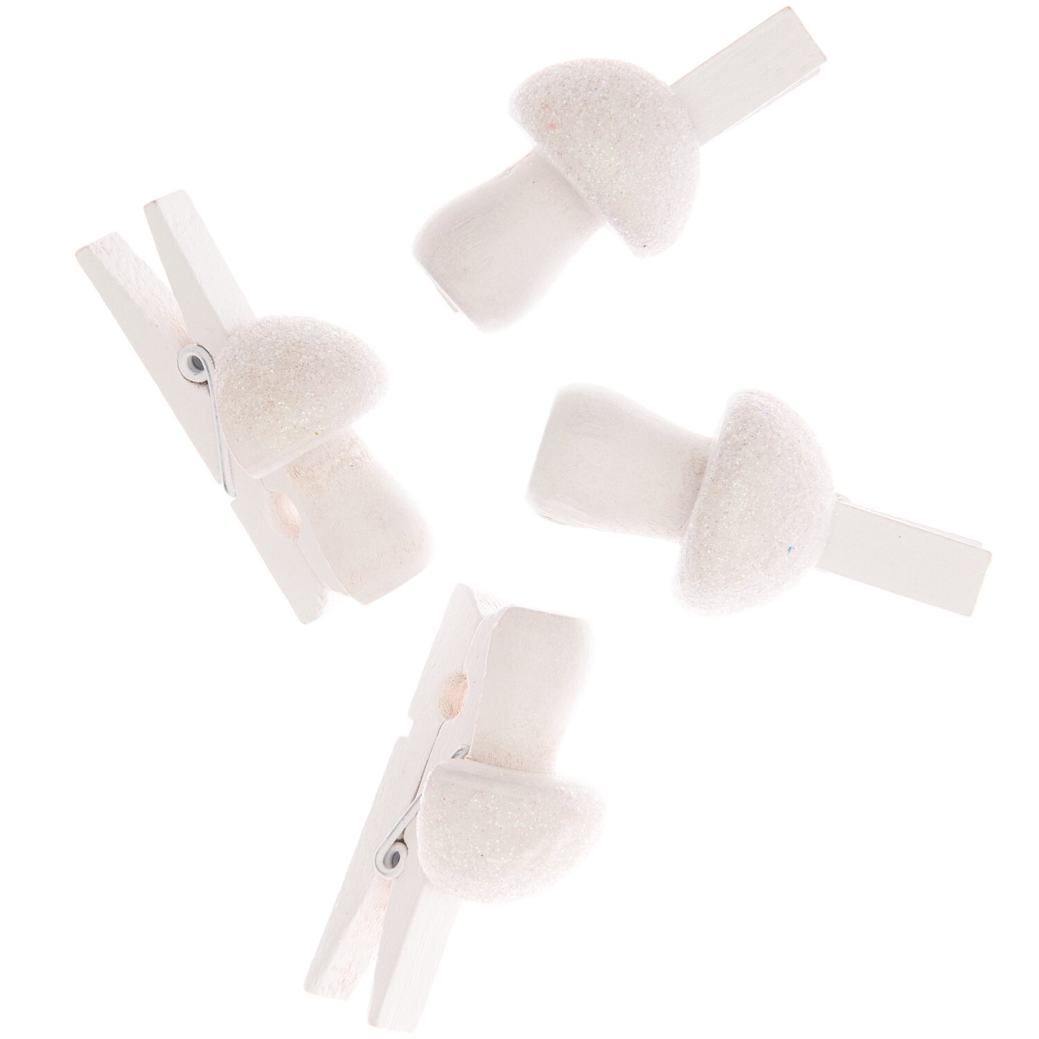 Dekoklammern Pilz mit Glitter, 4,8cm, 4 Stück. Weiße Pilzklammern für kreative Dekorationen.