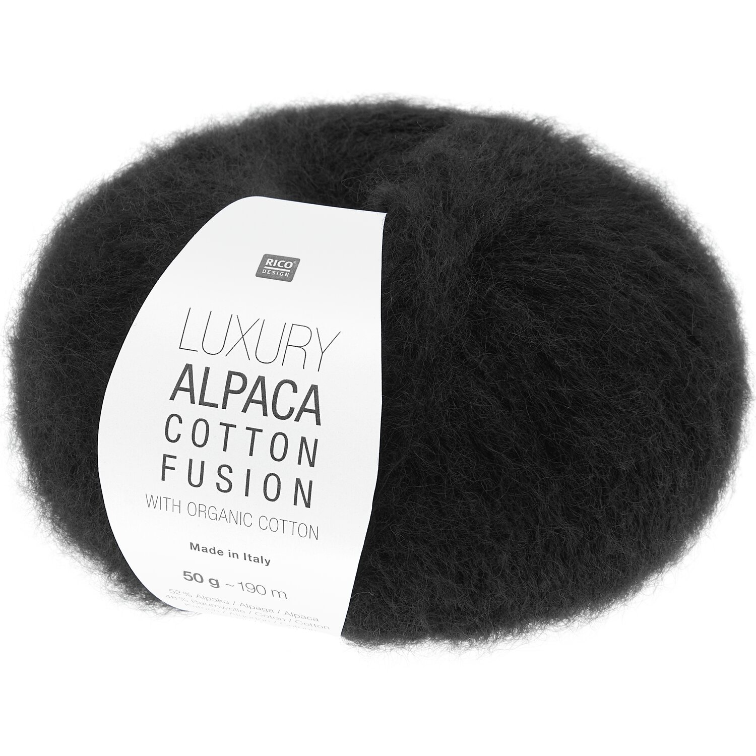 Luxury Alpaca Cotton Fusion: Weiches, schwarzes Garn von Rico Design, ideal für Strickprojekte.