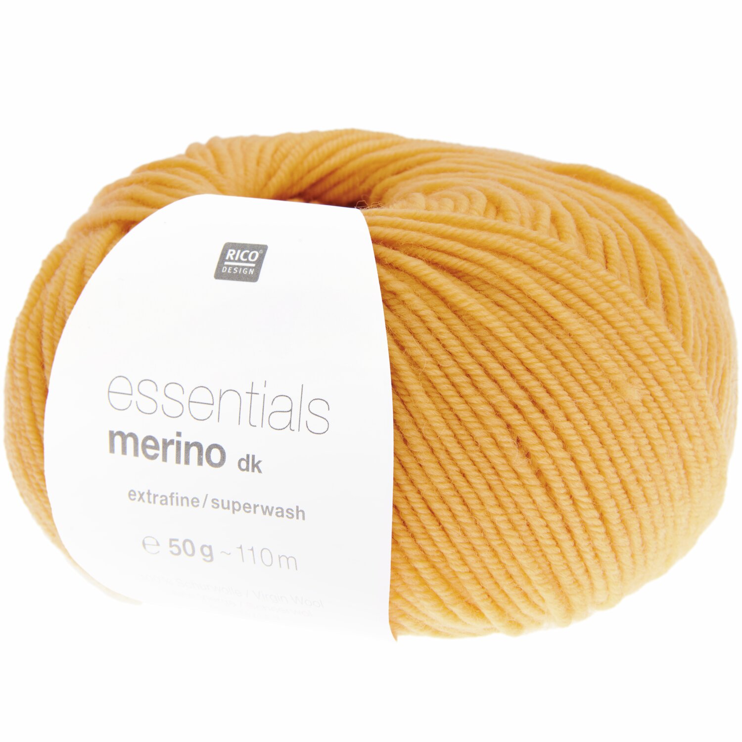 Essentials Merino dk: Gelbes Garn von Rico Design, 50g, 110m, extrafein und superwash.