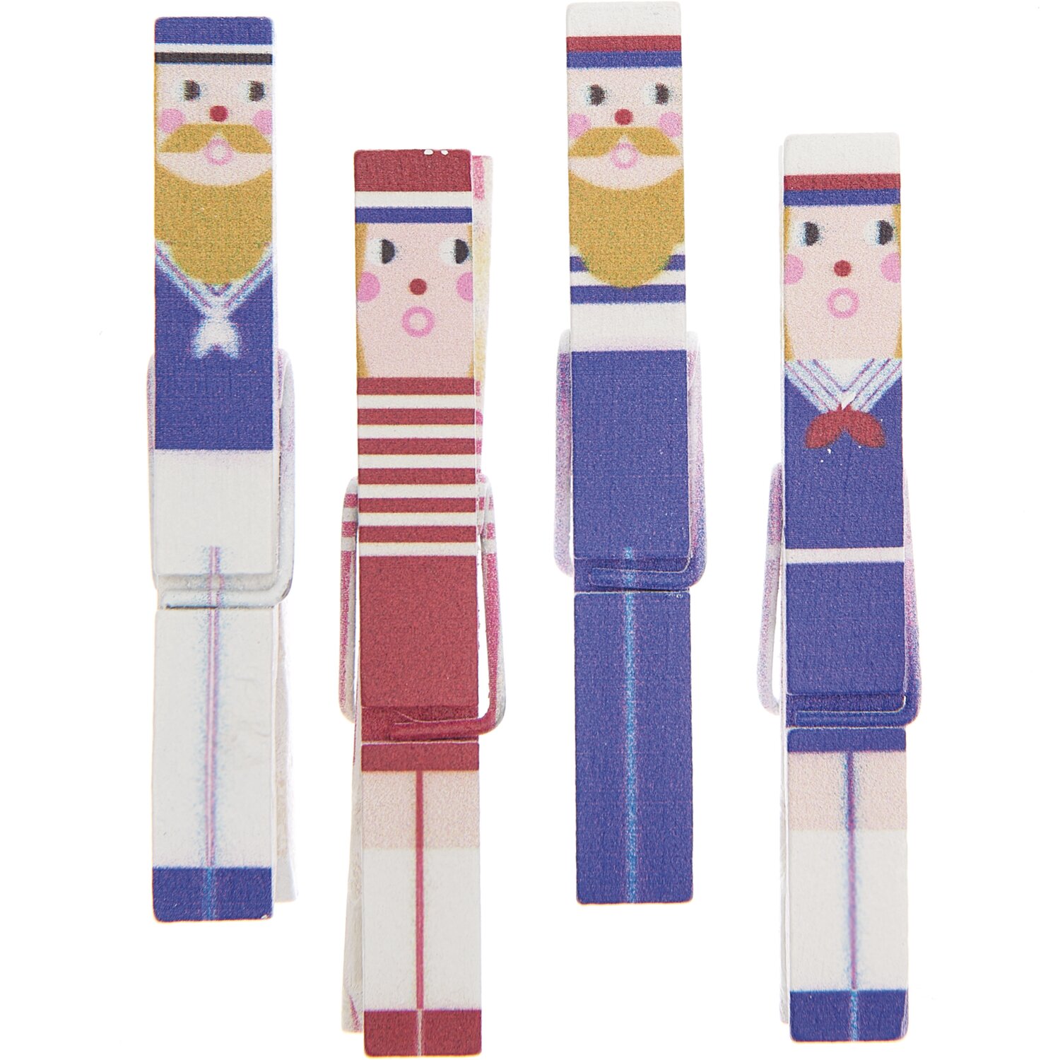 Dekoklammern Seeleute Mix blau-rot 1x7cm 4 Stück zeigen bunte Matrosenfiguren in Blau und Rot.