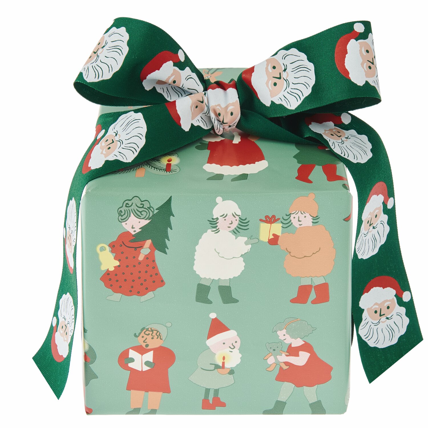 Paper Poetry Geschenkpapier Weihnachtsfiguren 200x70cm zeigt bunte Weihnachtsmotive auf grünem Hintergrund, verziert mit einer passenden Schleife.
