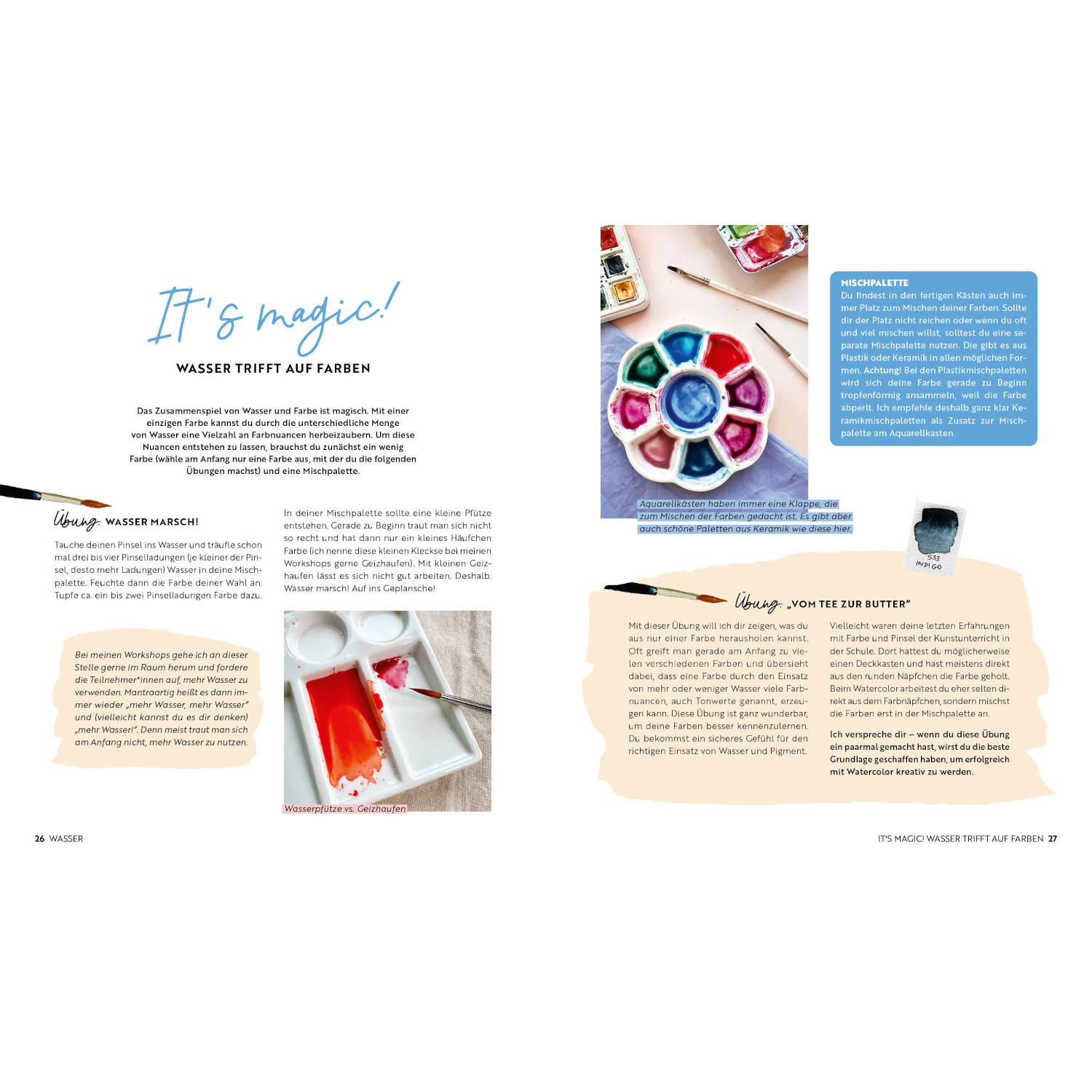 Watercolor-Bibel: Doppelseite mit Aquarellfarben und Anleitungen. Kreative Techniken und Tipps für beeindruckende Kunstwerke.