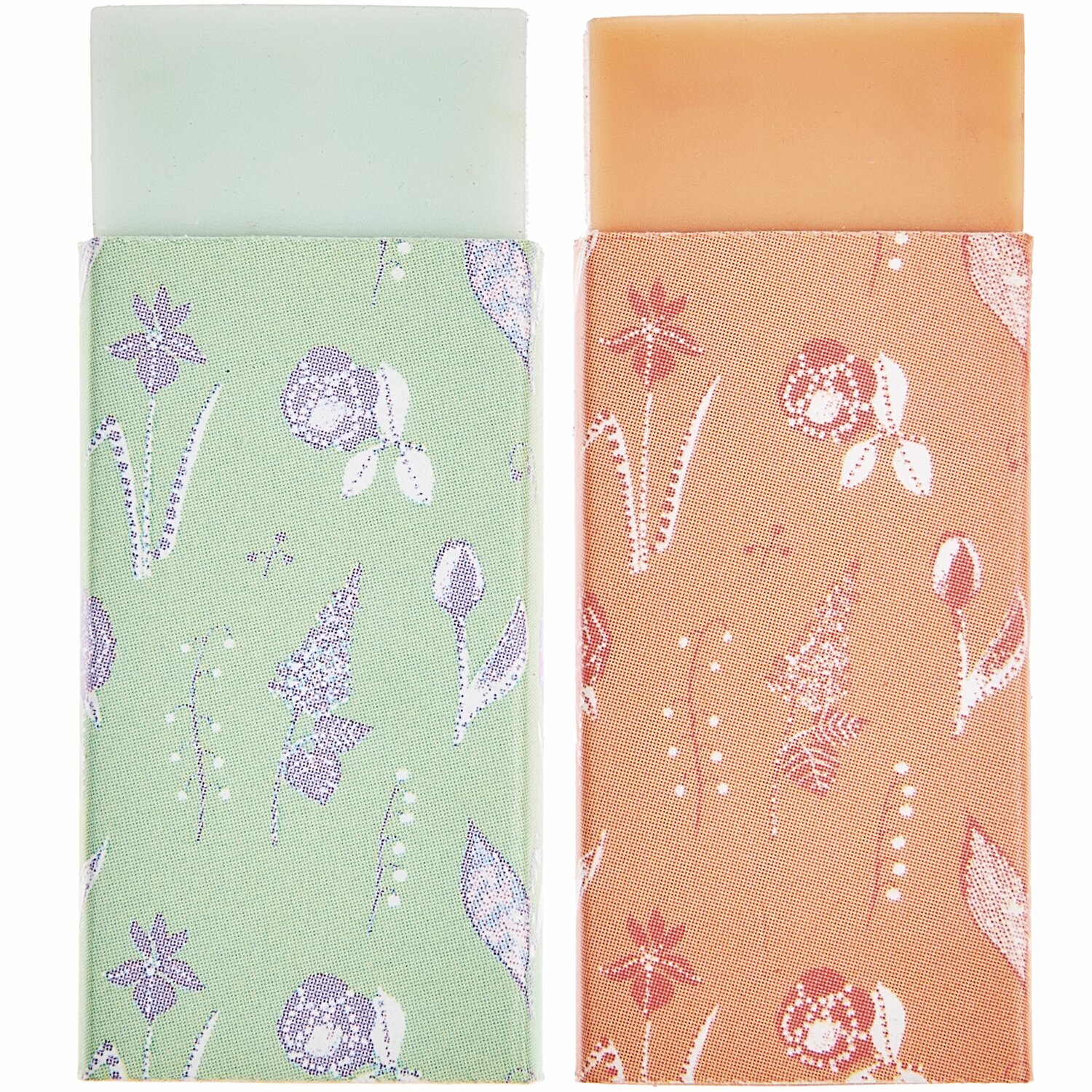 Paper Poetry Radiergummi Set Mint/Peach 2 Stück zeigt zwei Radiergummis in floralen Hüllen.