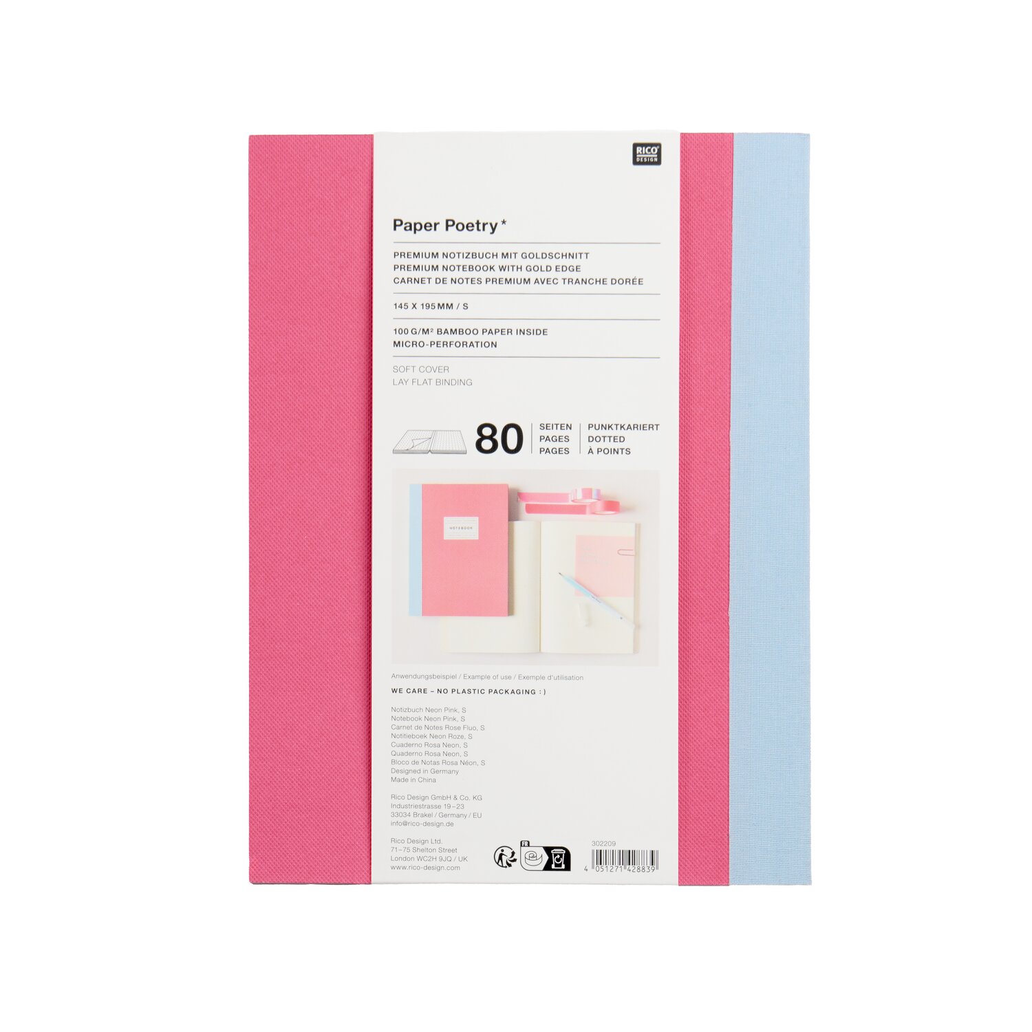 Paper Poetry Notizbuch S, Rico Design, mit feinem Goldrand, 80 Seiten, Softcover, modernes Schreibheft für Notizen und Skizzen in leuchtender Neonpink-Optik
