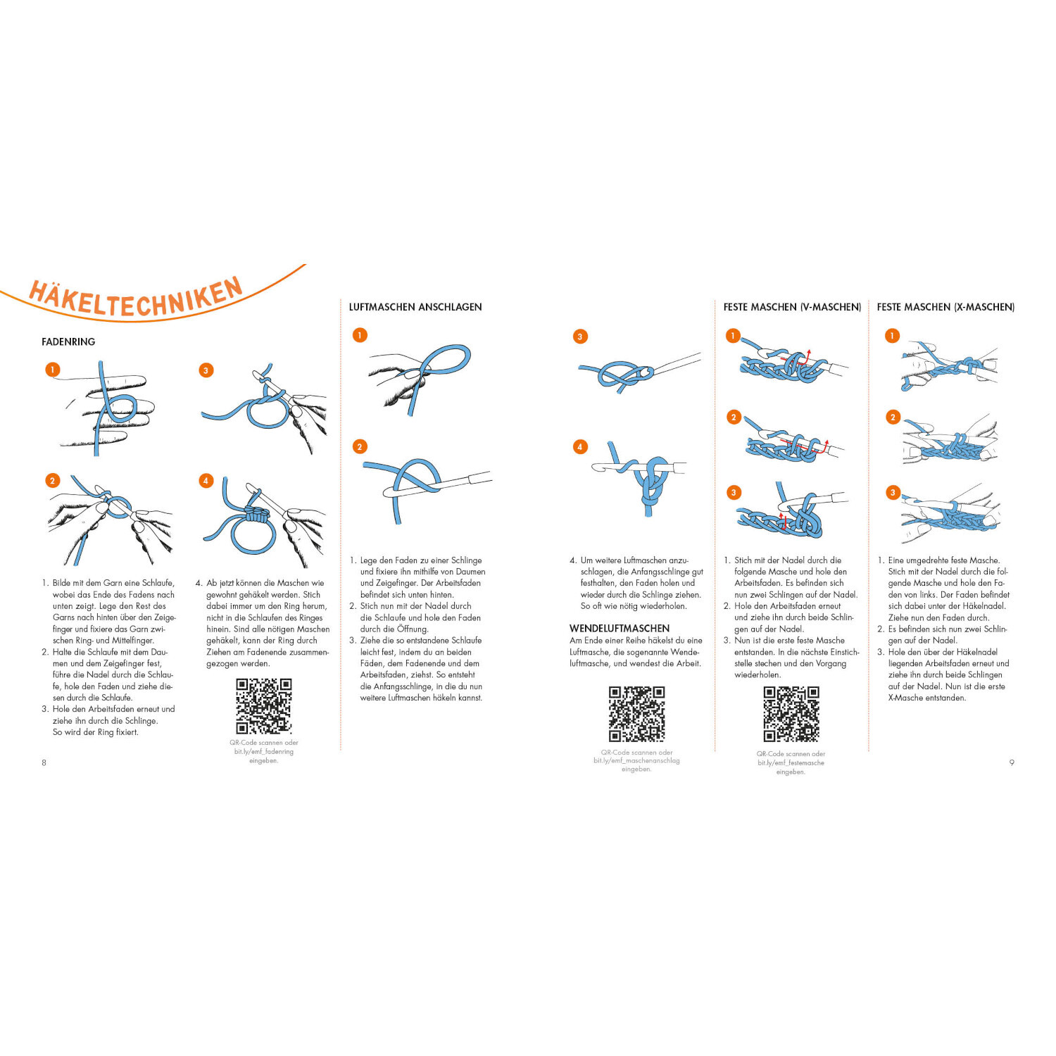Mini-Amigurumis – Süße Wichtel: Anleitung mit blauen Illustrationen zu Häkeltechniken.