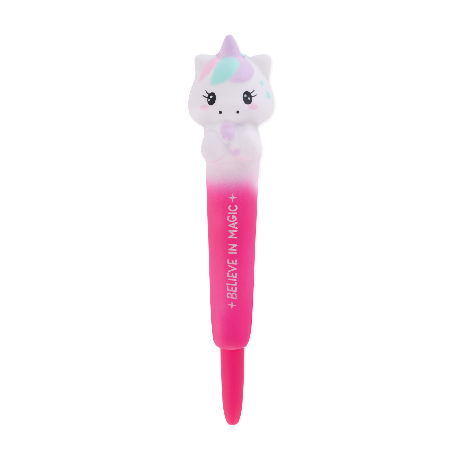 Squishy-Gelstift Unicorn: Rosa Stift mit Einhorn-Design und "Believe in Magic"-Aufschrift.