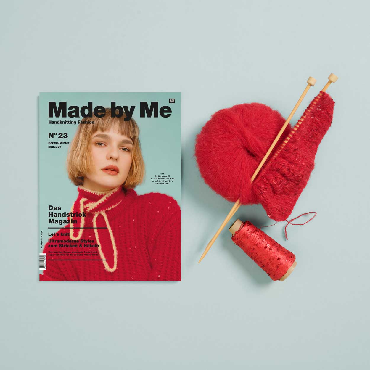 Made by Me N° 23 mit 2 Wollknäuel und Strickstück auf Nadeln