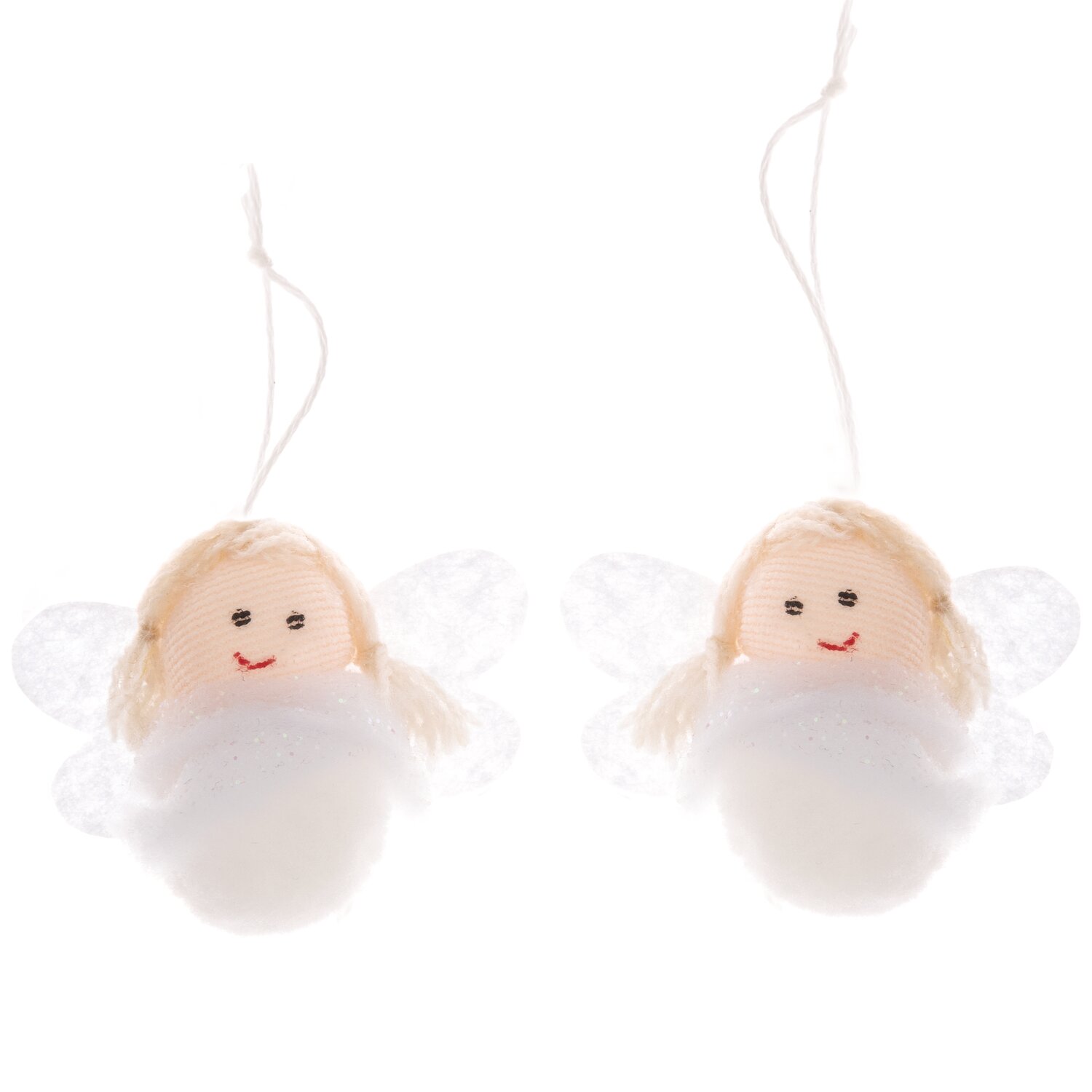 Hänger Engel aus Pompons 40x50mm 2 Stück: Zwei weiße Engel aus Pompons mit freundlichen Gesichtern.