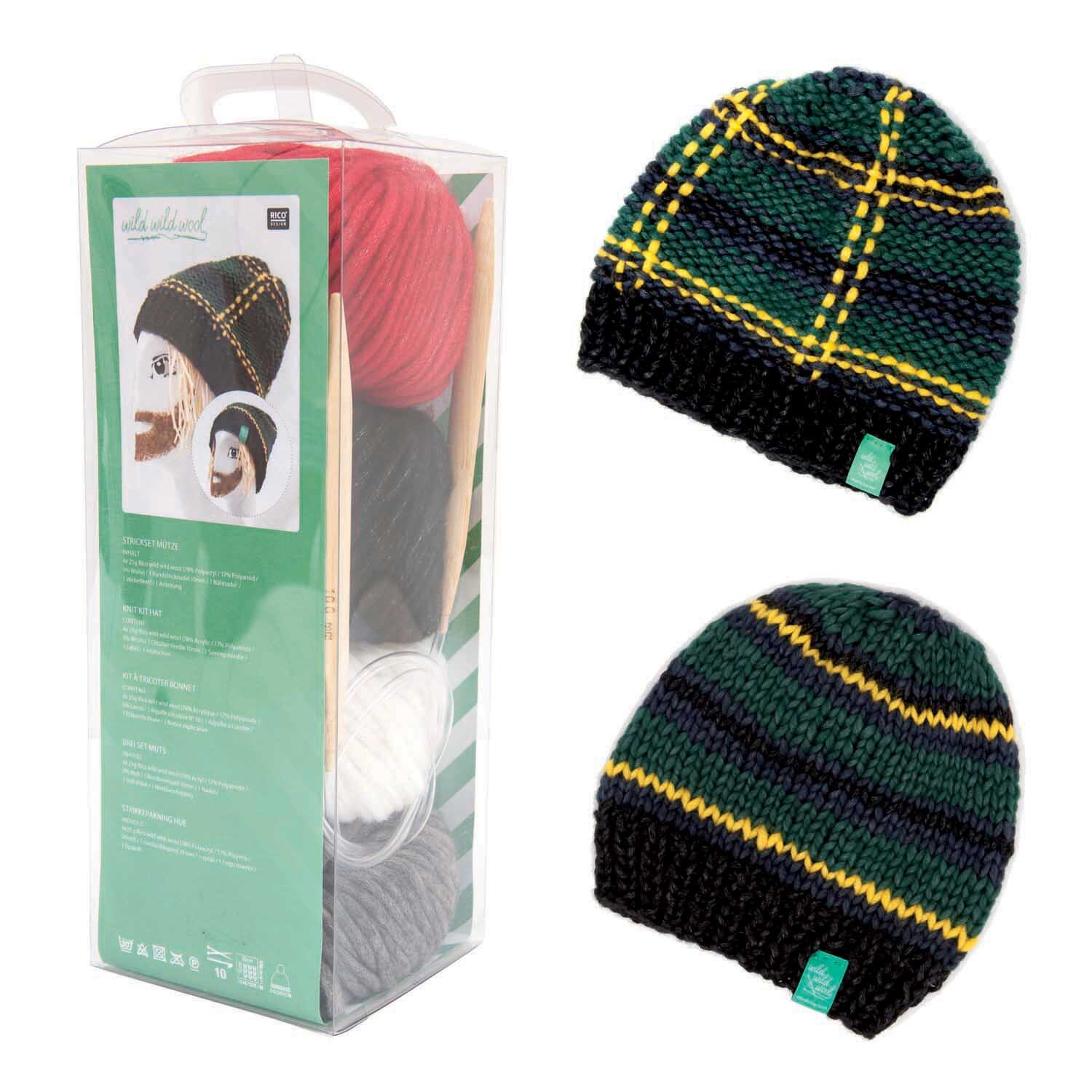 Strickset Mütze Wild Wild Wool tanne-mehrfarbig zeigt zwei gestrickte Mützen in Grün und Gelb mit Verpackung von Rico Design.