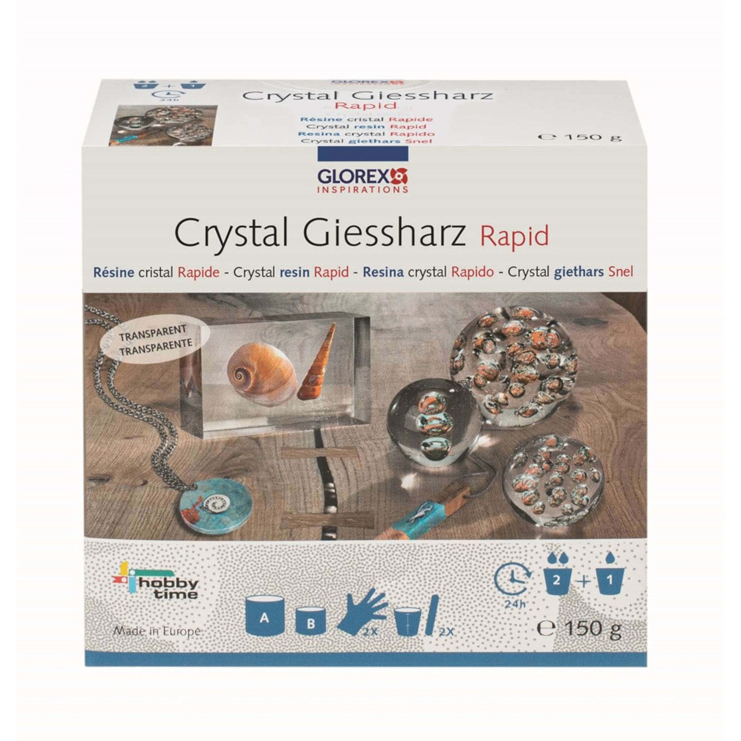 Crystal-Gießharz Rapid von Glorex: Transparentes Harz-Set für kreative Bastelprojekte, 150g. Ideal für Schmuckherstellung und Dekoration.
