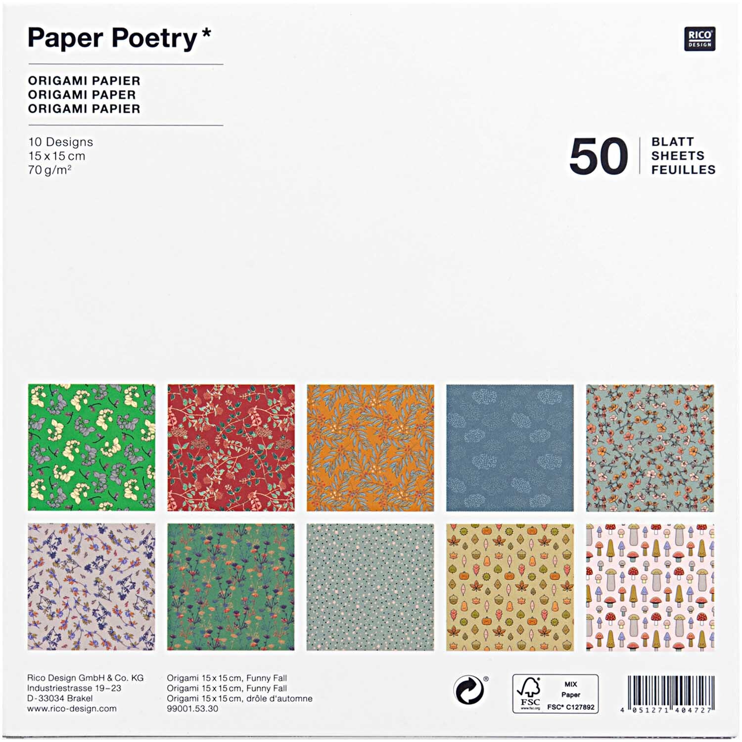 Paper Poetry Origami Funny Fall 15x15cm 50 Blatt zeigt 10 bunte Designs von Rico Design.