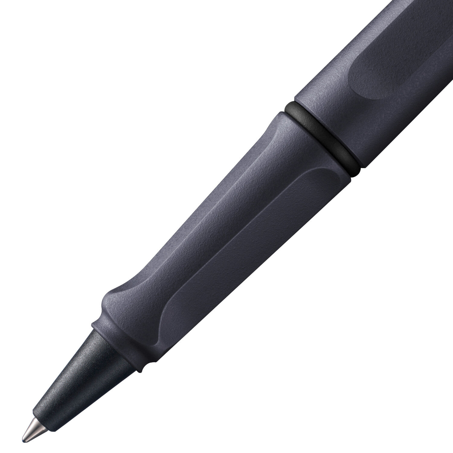 Tintenpatronenroller safari, Lamy, mit ergonomischer Griffzone in dunklem Metallton, detailnaher Blick auf die stabile Schreibspitze für präzises Schreiben