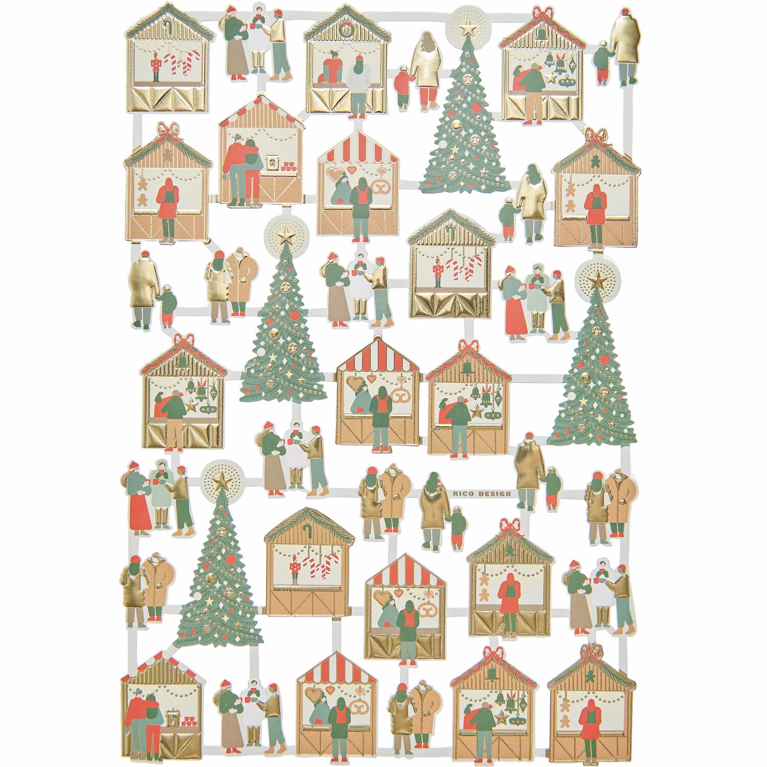 Paper Poetry Glanzbilder Weihnachtsmarkt zeigt festliche Marktstände und Tannenbäume auf einem Blatt. Ideal für weihnachtliche Bastelprojekte.