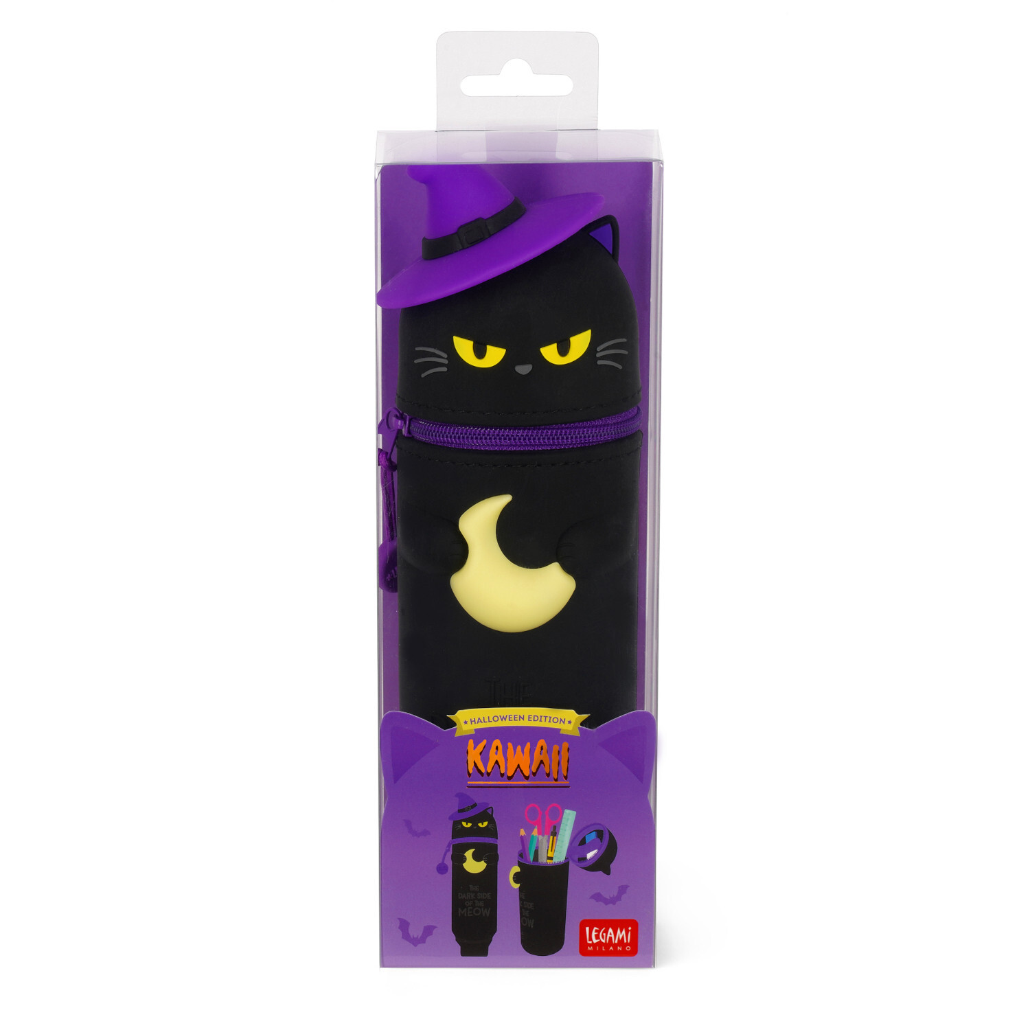 Etui Halloween: Schwarzes Katzen-Etui mit gelbem Mondmotiv, lila Hut, von Legami, Ø6,4x20cm.