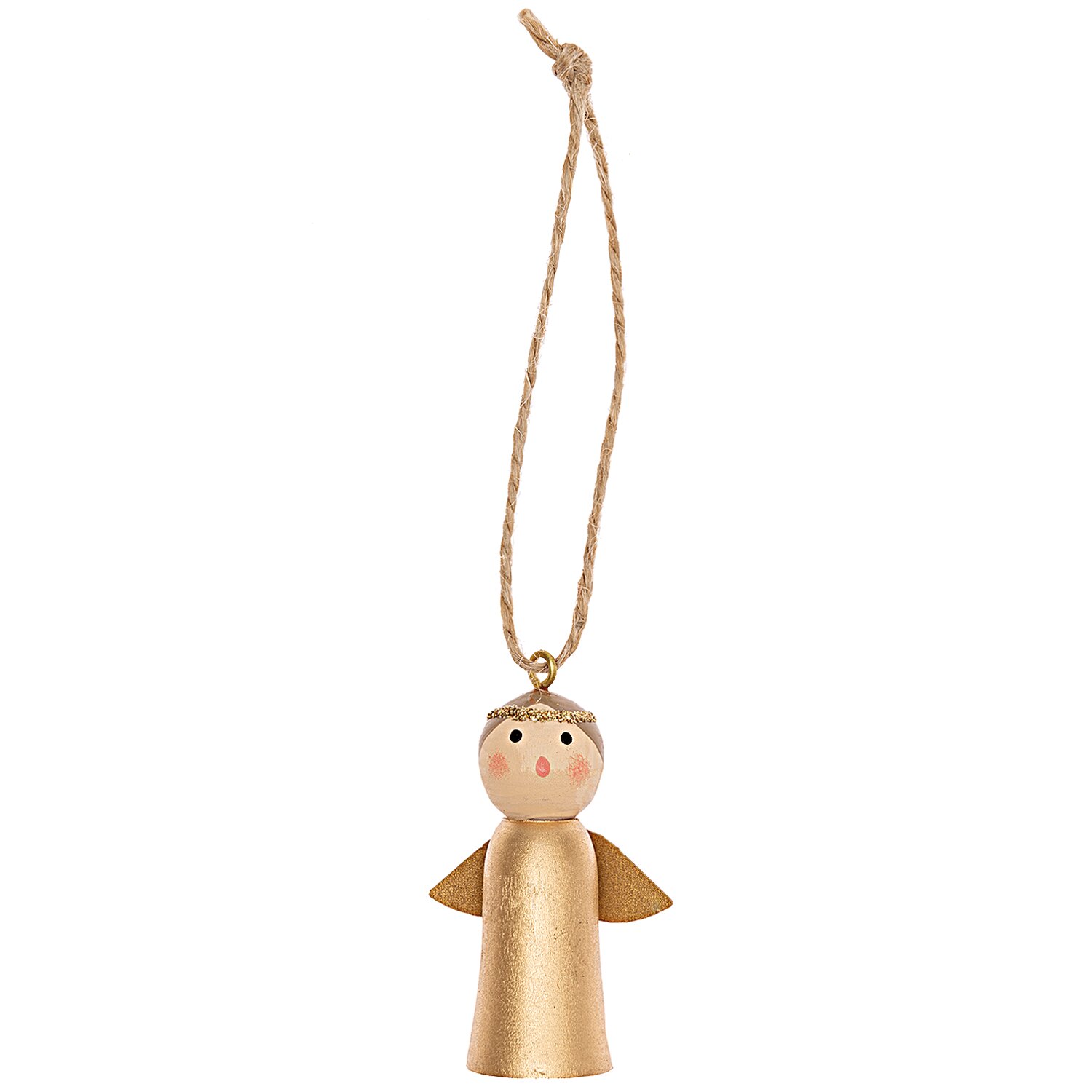 Holzhänger Engel gold 5cm: Niedlicher Engel aus Holz mit goldener Farbe, ideal als Weihnachtsdekoration.