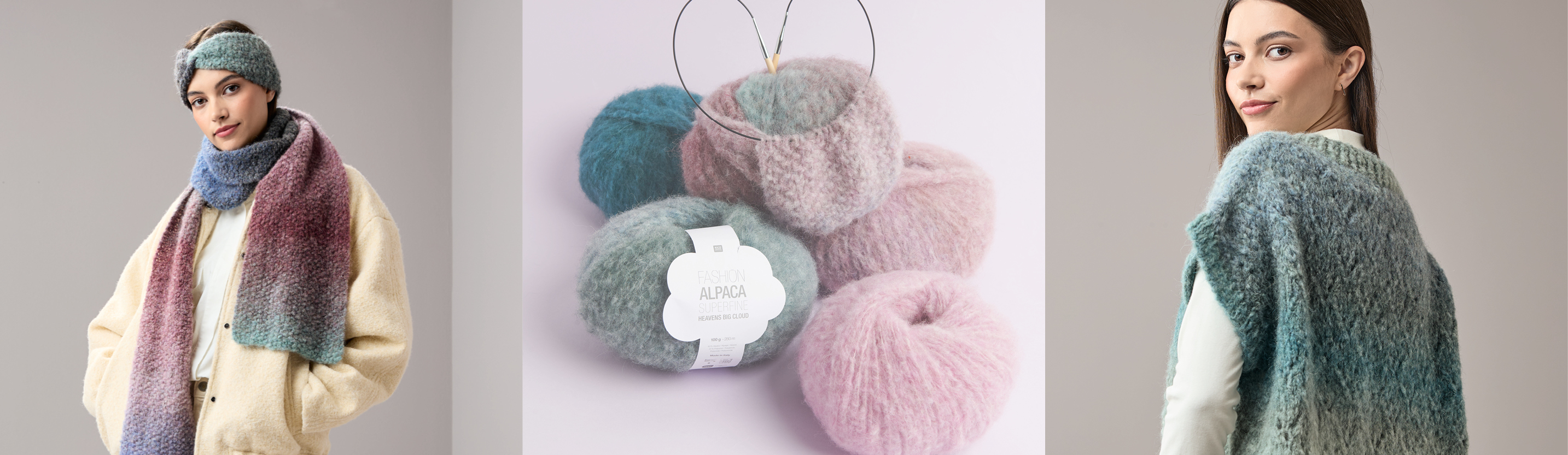 Drei Bilder nebeneinander. Eine Frau trägt einen gestrickten Schal und Stirnband, Wollknäuel mit Strickstück und Nadeln und eine Frau trägt einen gestrickten Pullunder.