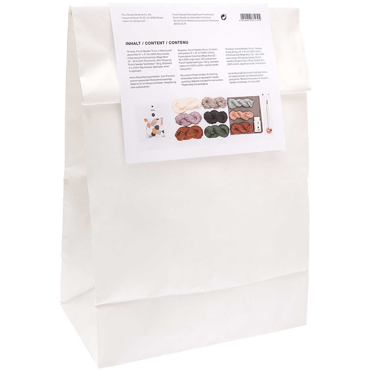 Punch Needle Packung Kissen Punkte bunt von Rico Design. Enthält Materialien in einer weißen Verpackung. Ideal für kreative Handarbeiten.