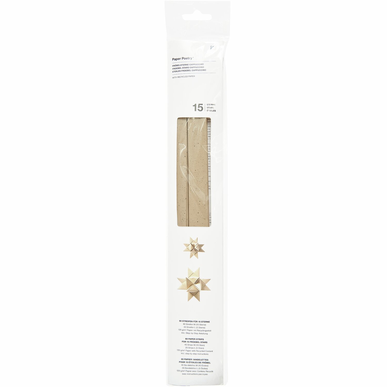 Paper Poetry Fröbelstreifen mit Recyclingpapier 60 Stück 120g/m² Farbe Cappuccino von Rico Design Paper Poetry Fröbelstreifen aus Recyclingpapier in Cappuccino, 120g/m², 60 Stück, von Rico Design. Verpackung zeigt Streifen und gefaltete Sterne.