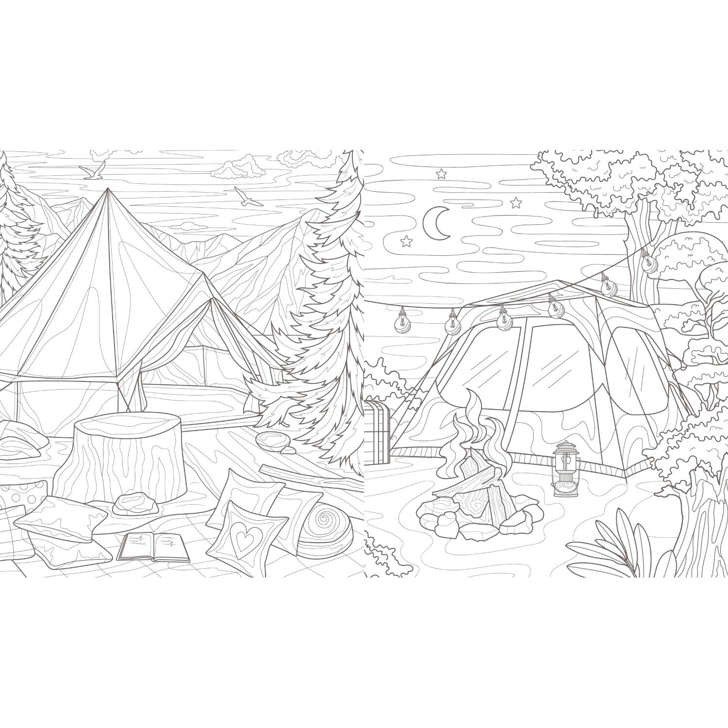 Ausmalreise Camping: Detaillierte Zeltlandschaft mit Lagerfeuer und Bäumen, ideal zum Ausmalen.