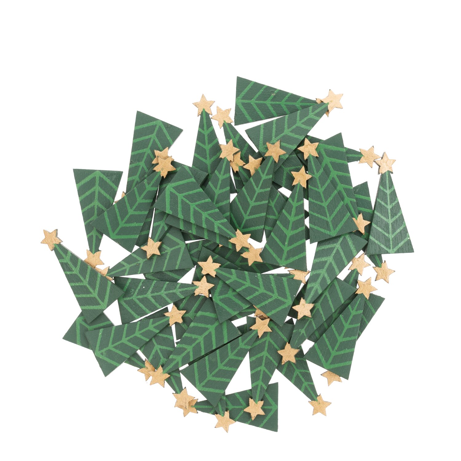 Holzstreu Tannenbaum 15x30mm 48 Stück, grün, mit goldenen Sternen, ideal für festliche Dekorationen.