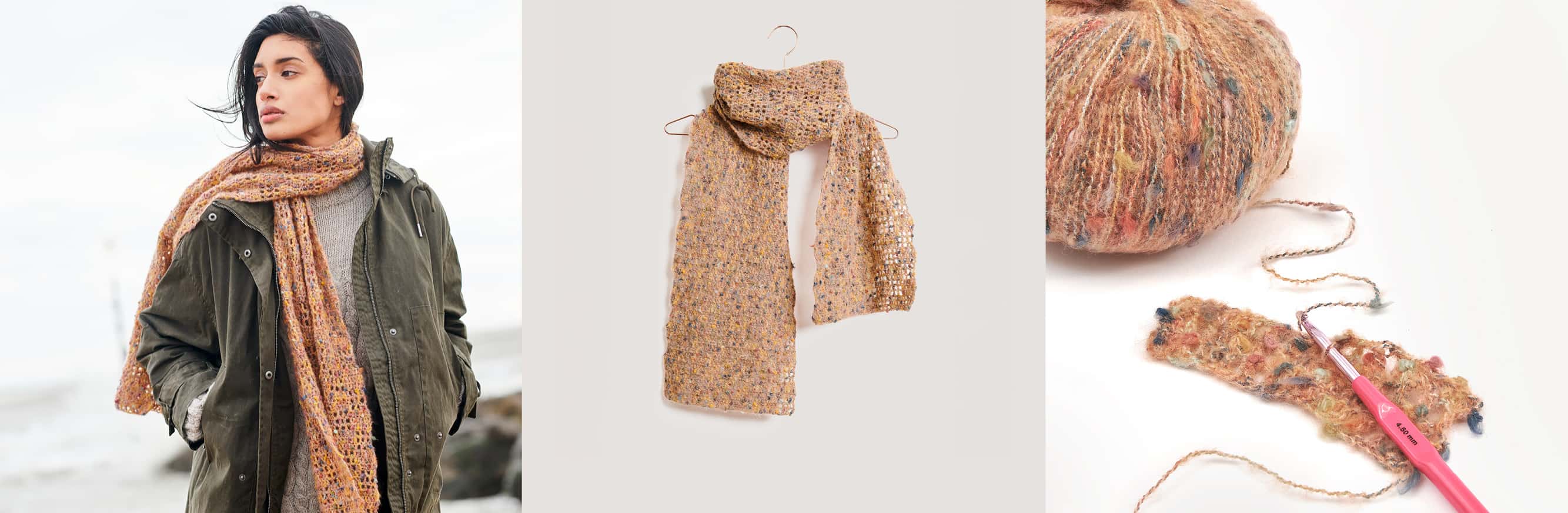 Gehäkelter Schal Modell 23 aus Lovewool No. 21 getragen an weiblichem Model und auf einem Bügel. Daneben Wollknäuel in Orangetönen und Häkelstück an Häkelnadel.