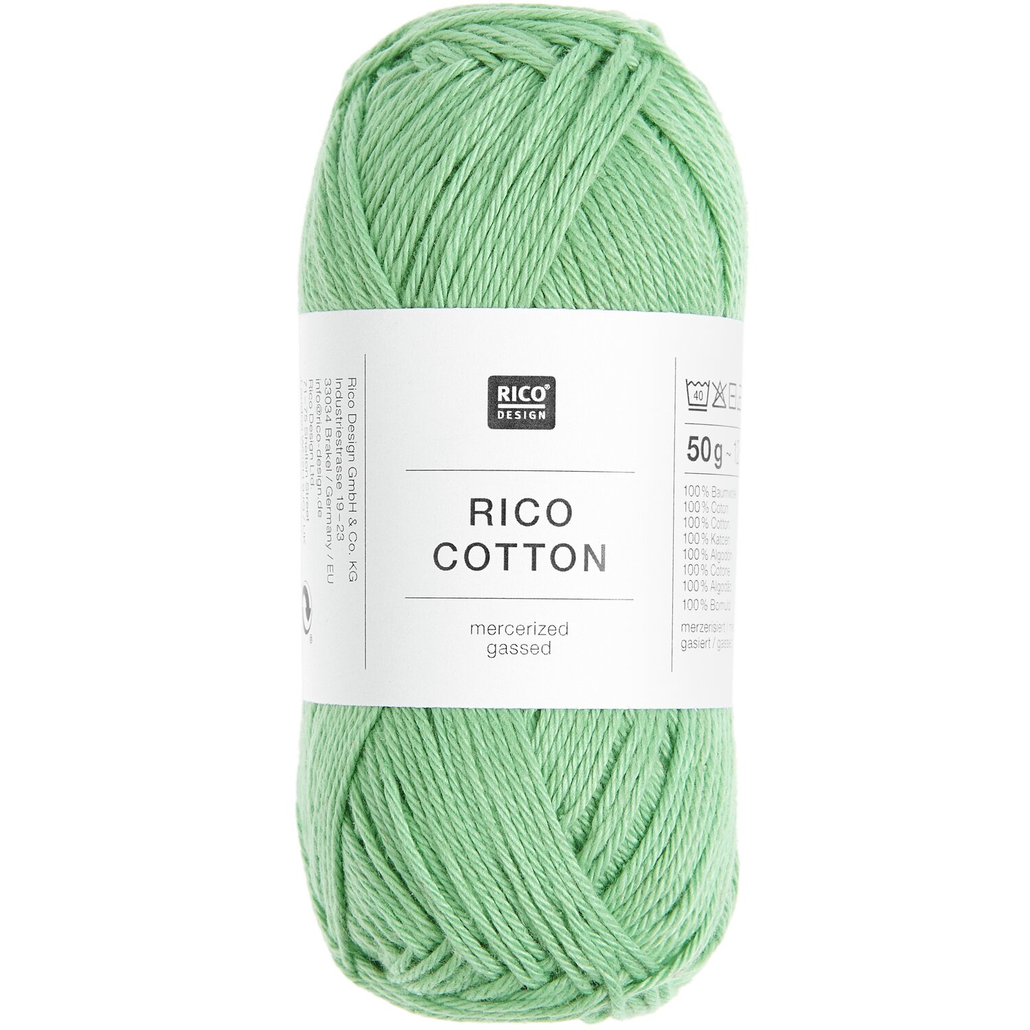 Rico Cotton: Weiches, mercerisiertes Baumwollgarn in Eukalyptusgrün, 50g 125m, von Rico Design. Ideal für Strick- und Häkelprojekte.