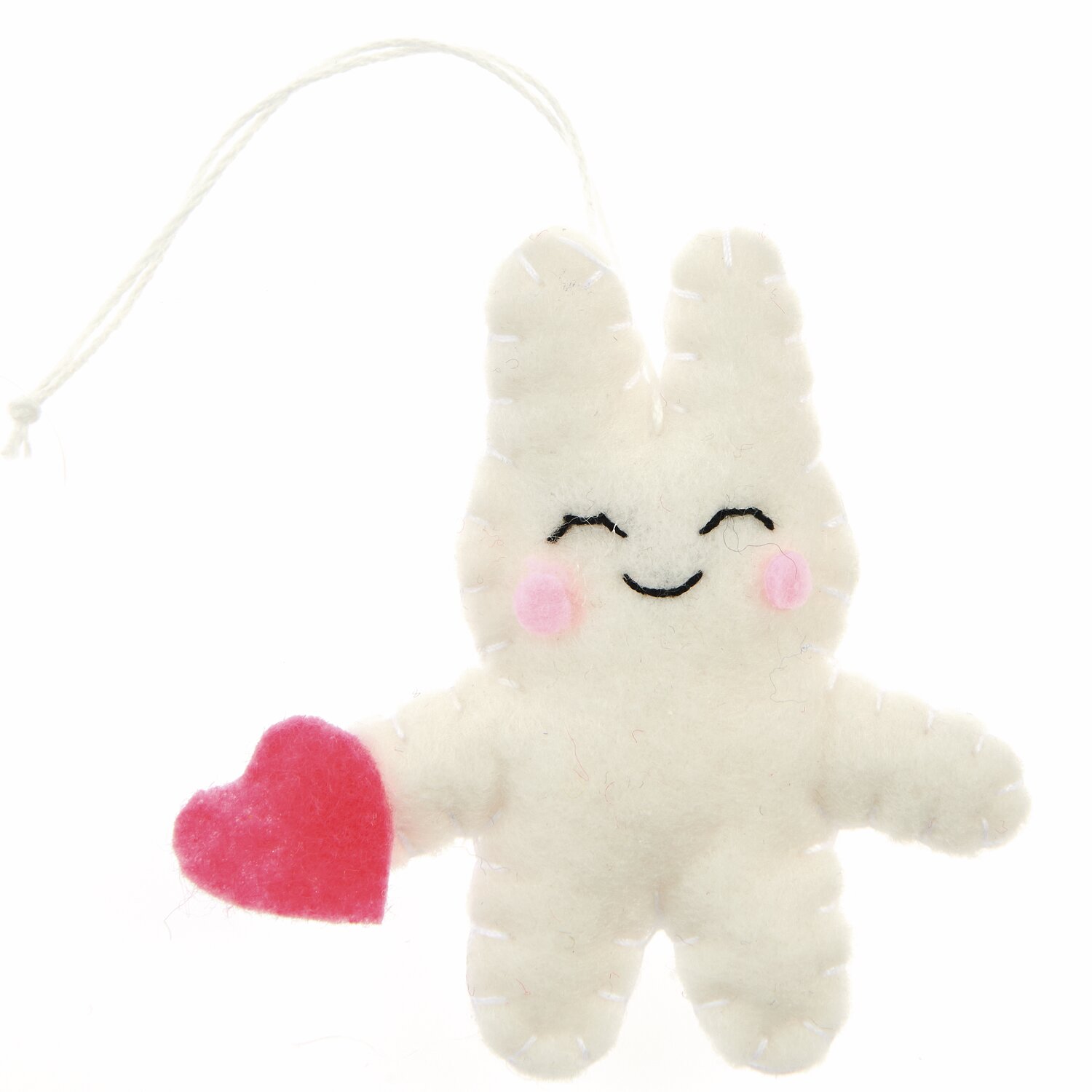 Aufhänger Filz-Hase 2D Weiß mit rosa Herz, lächelndes Gesicht, 6,5x9,3x1cm, von Rico Design.
