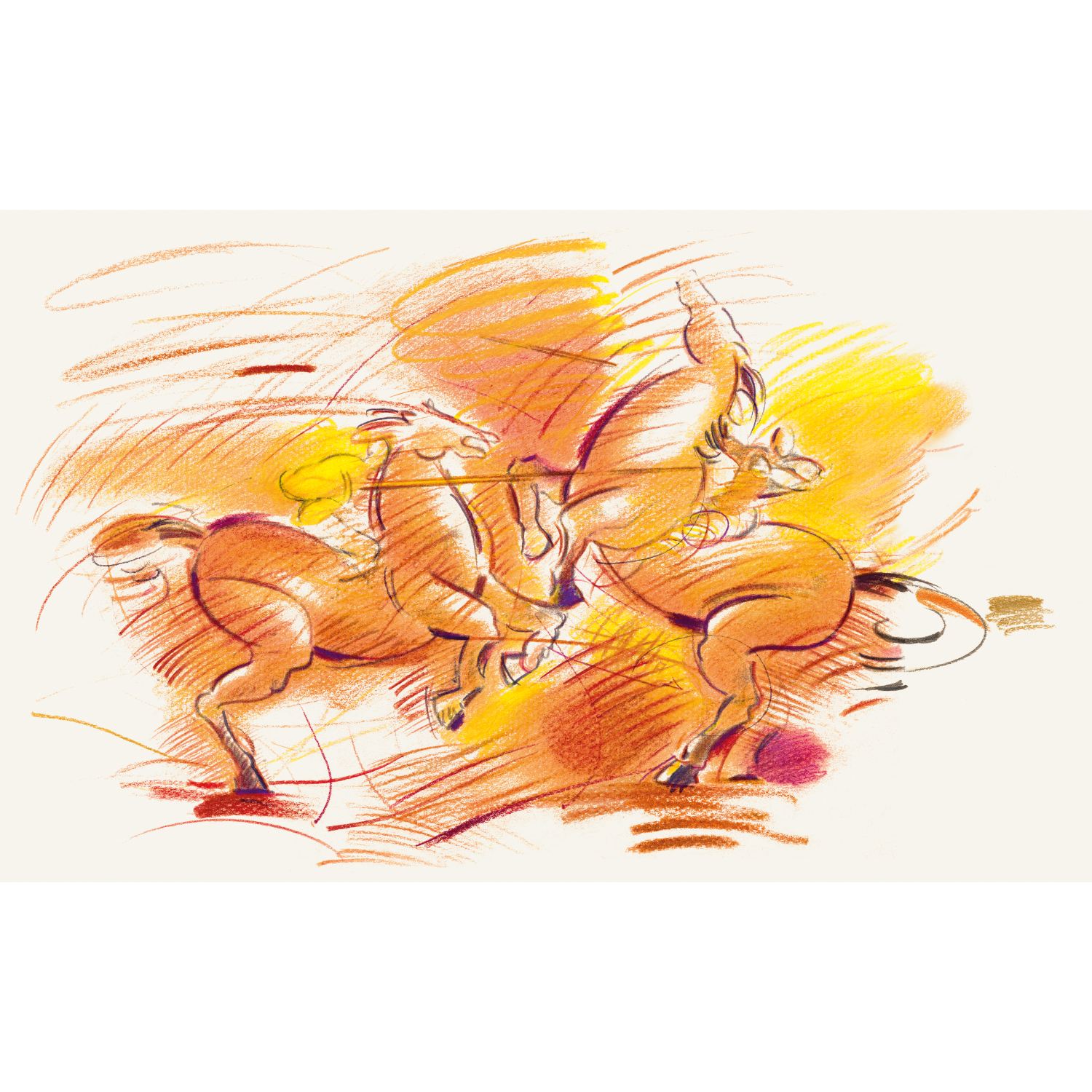 Polychromos Farbstift Farbe Kadmiumgelb Hell von Faber-Castell Polychromos Farbstift: Zwei kämpfende Pferde in dynamischen gelben und orangen Strichen, Faber Castell.
