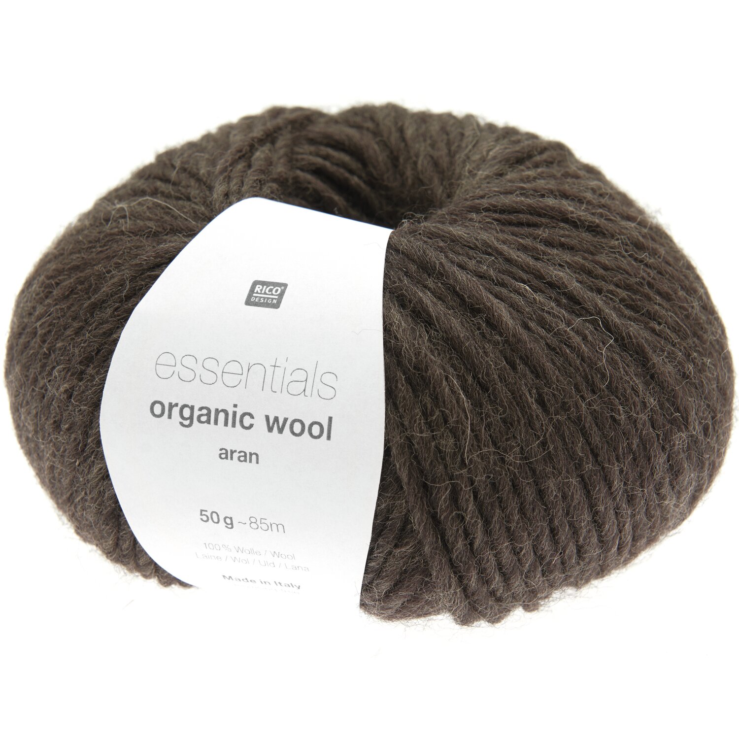 Essentials Organic Wool aran: Braunes Garnknäuel von Rico Design, 50g, 85m, ideal für Strickprojekte.