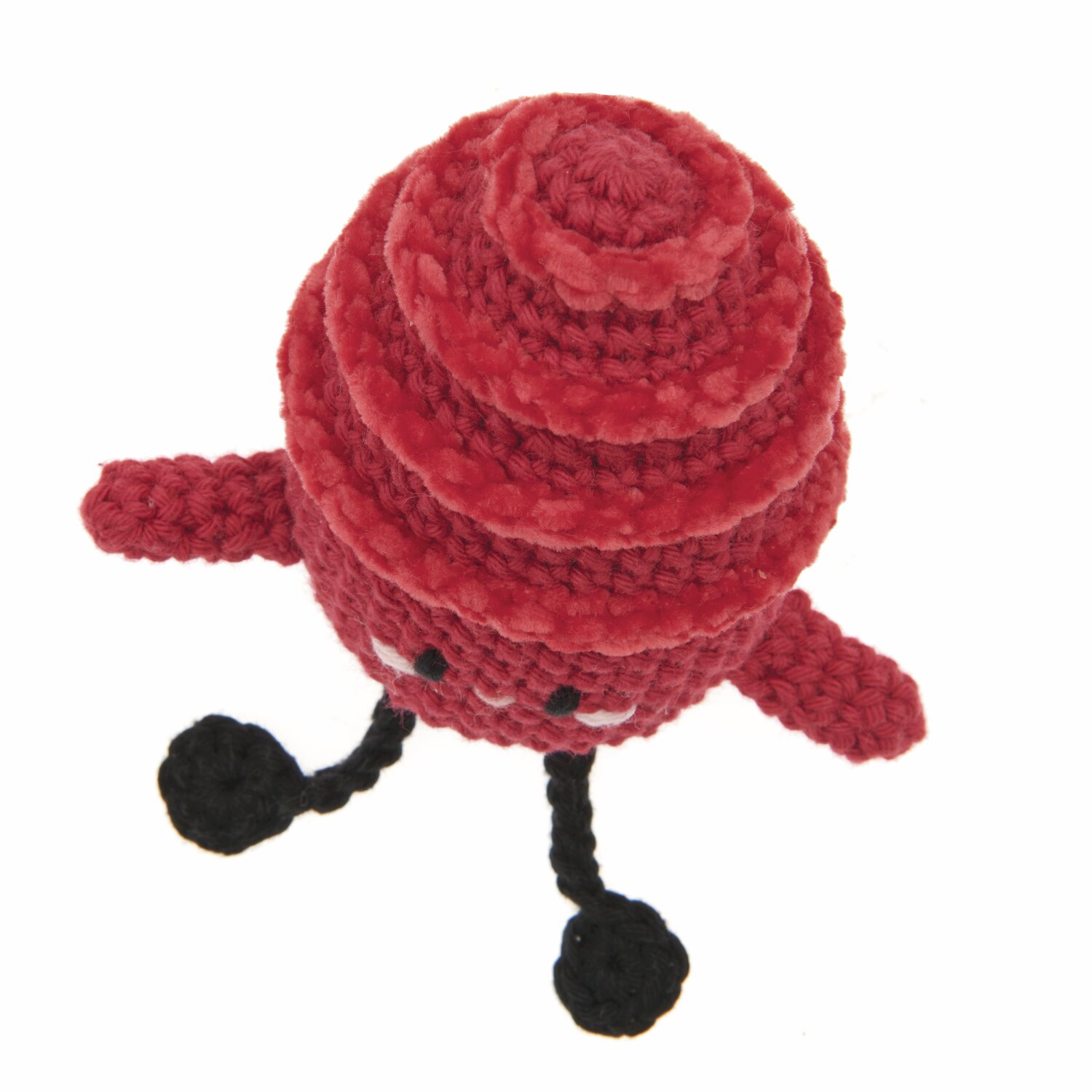 Ricorumi Rainbow Weirdos, weinrote gehäkelte Figur mit schwarzen Beinen, aus Creative Ricorumi dk Garn.