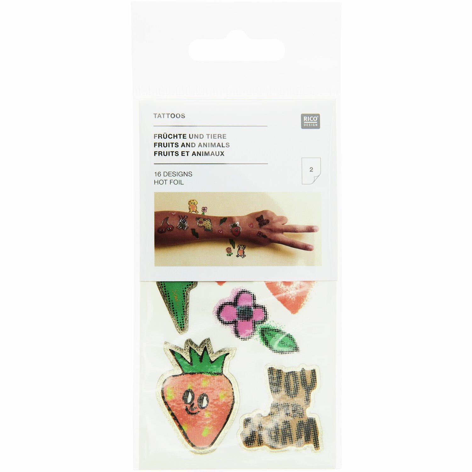 Tattoos Früchte und Tiere, 16-teilig, mit bunten Designs von Früchten und Tieren, ideal für kreative Körperkunst.