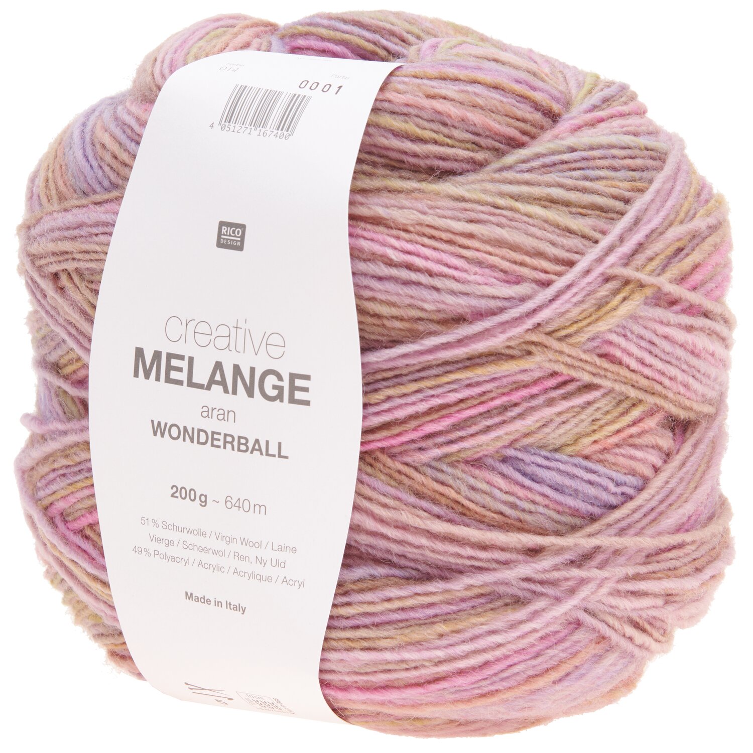 Creative Melange aran Wonderball 200g 640m Farbe Flieder-Pink von Rico Design Creative Melange aran Wonderball, 200g 640m, in sanften Flieder-Pink-Tönen von Rico Design. Ideal für Strickprojekte.