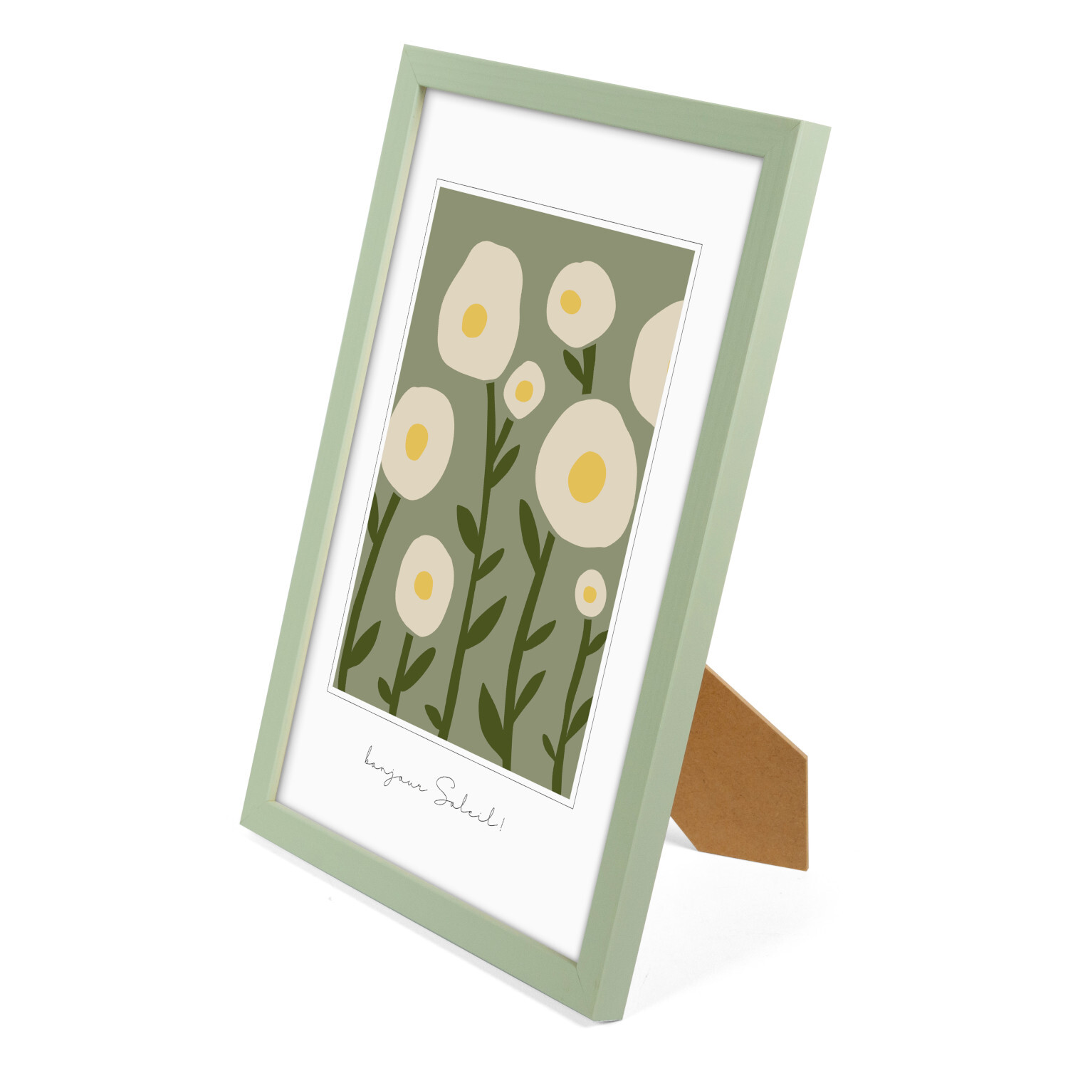 Bilderrahmen Aura aus Holz in sanftem Grün mit floralem Motiv, ideal für stilvolle Dekoration.