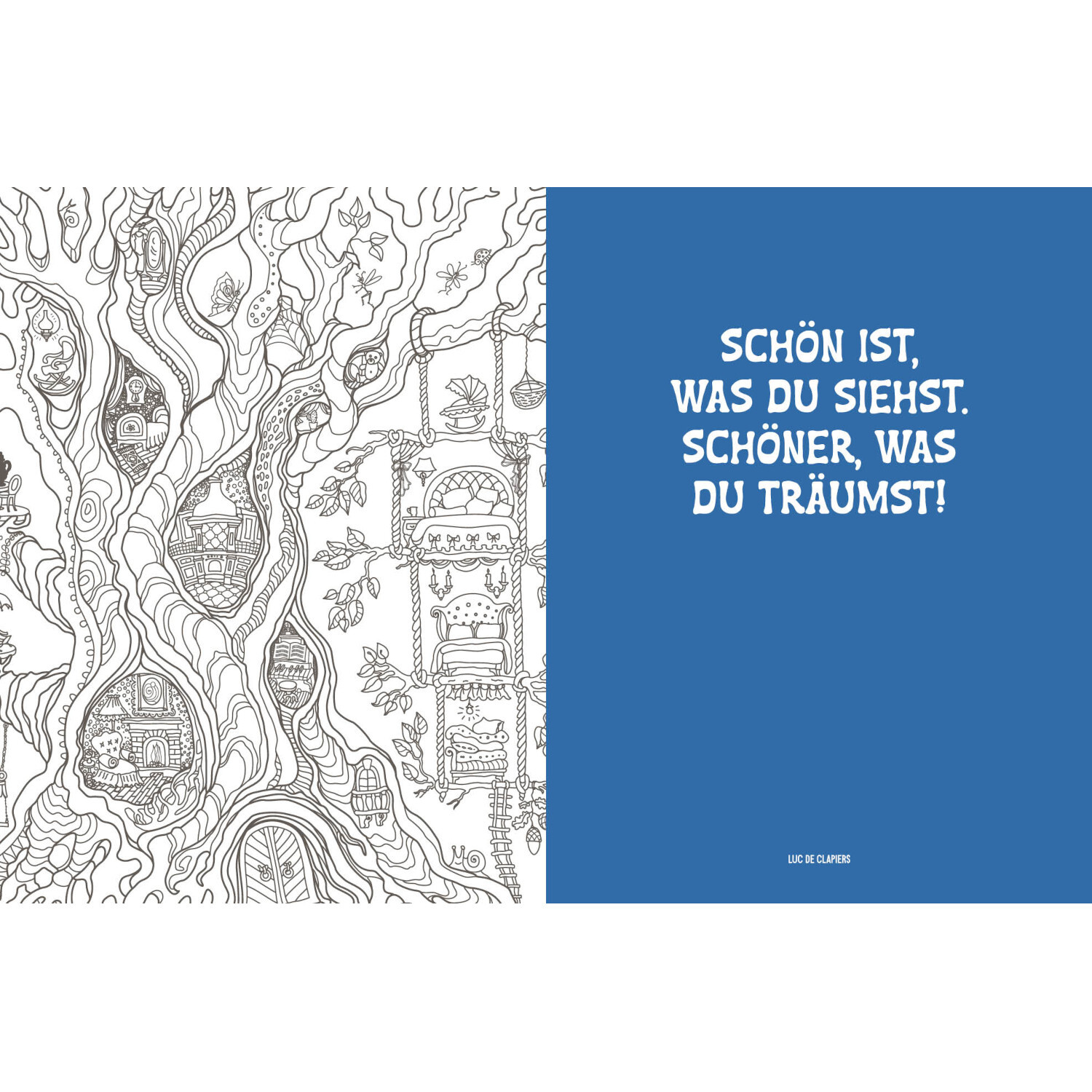Colorful Mandala - Traumreise: Schwarz-weiße Baumzeichnung neben blauem Zitatfeld mit inspirierendem Text.