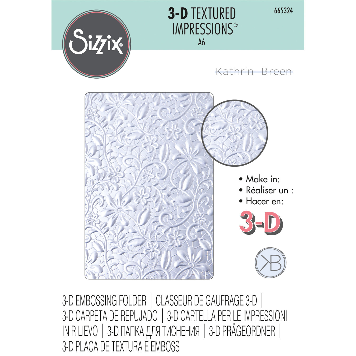 3D-Embossing Folder Textured Impressions Lacey von Sizzix mit floralen Mustern in Weiß. Ideal für kreative Prägeprojekte.