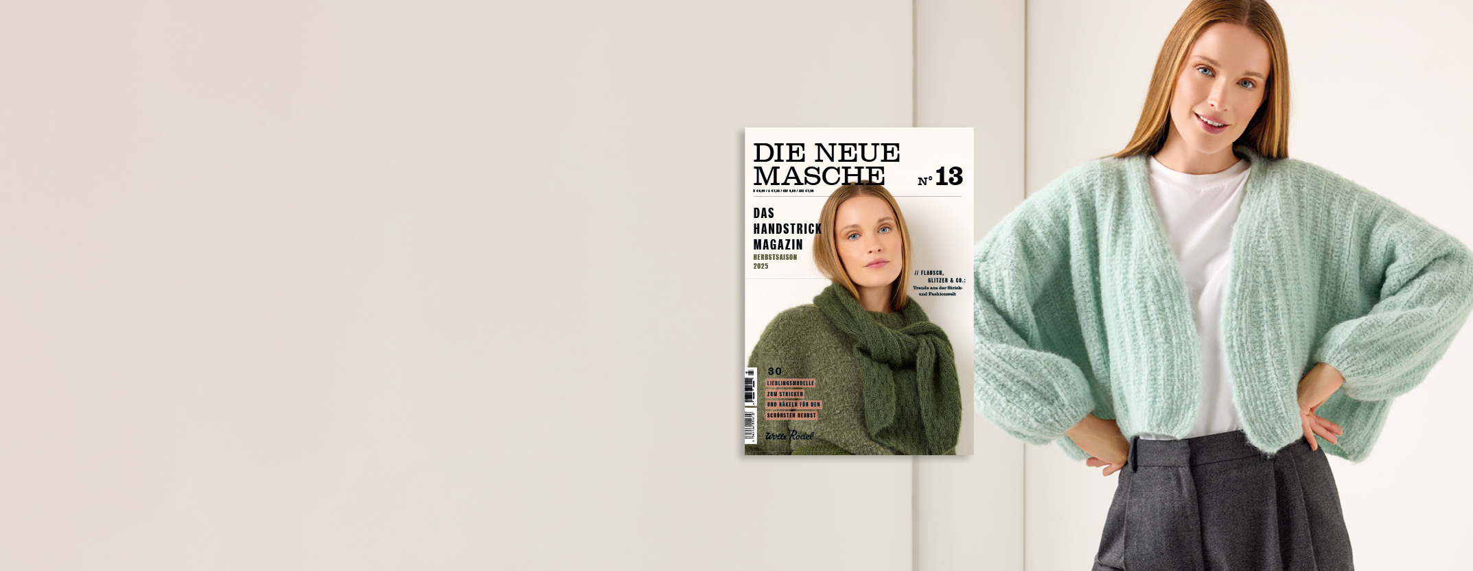 Frau trägt Strickjacke daneben Cover Die Neue Masche N° 13