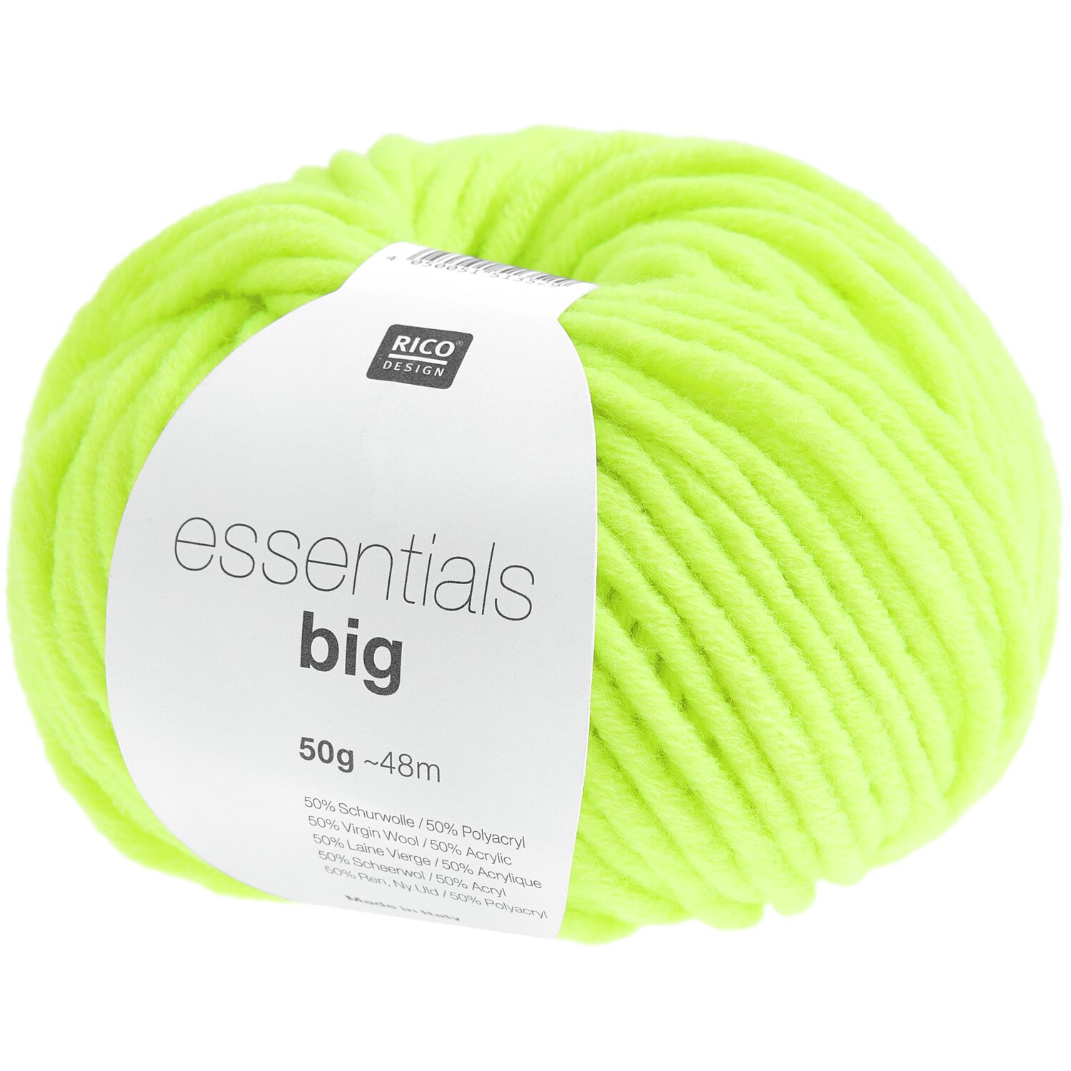 Essentials Big, Rico Design: Neongelbes Garnknäuel, 50g, 48m, ideal für kreative Strickprojekte.