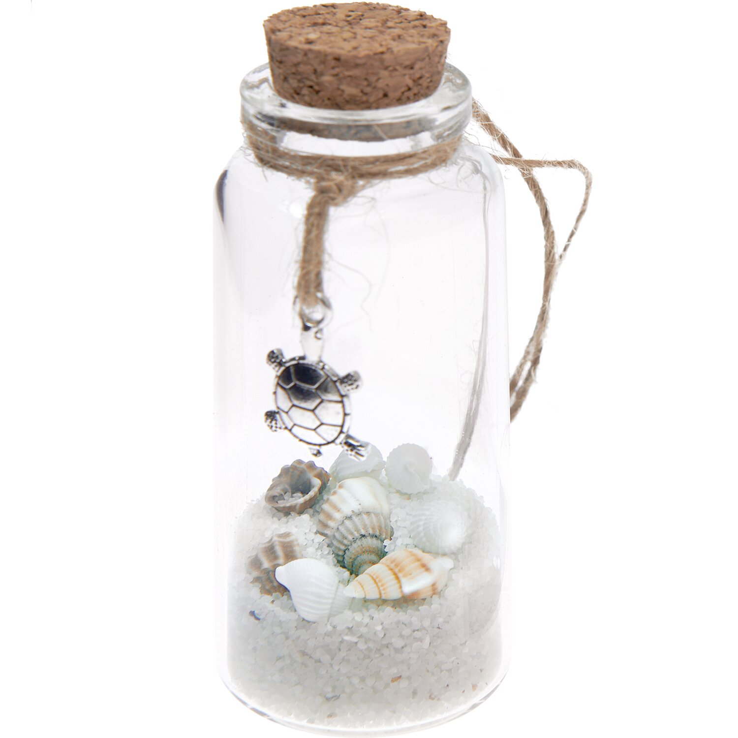 Hänger Flasche mit Sand und Muscheln natur 7,5cm: Dekorative Glasflasche mit Korken, gefüllt mit Sand und Muscheln, verziert mit einem Schildkrötenanhänger.