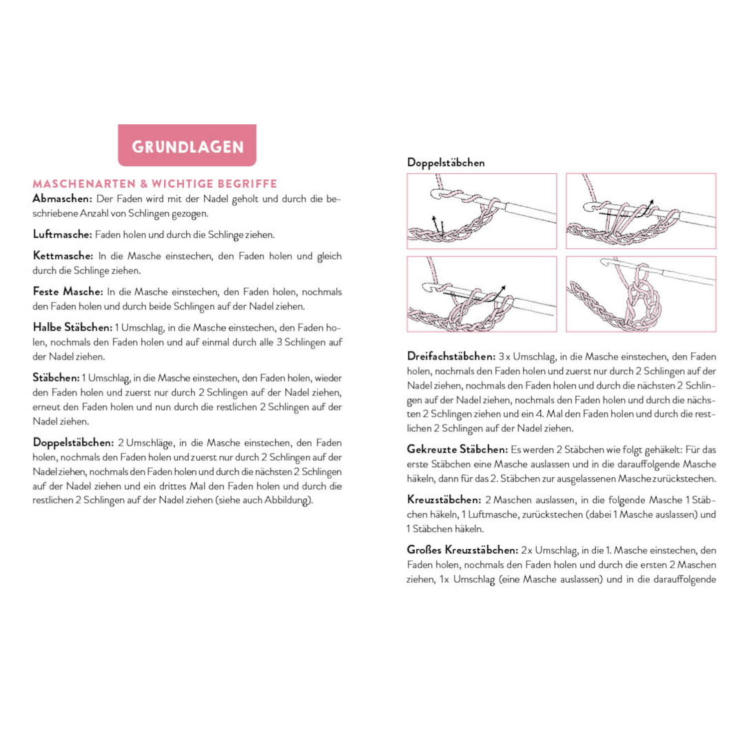 55 x Häkeln - Mustersammlung: Detaillierte Anleitungen und Illustrationen zu Häkeltechniken auf weißem Hintergrund.