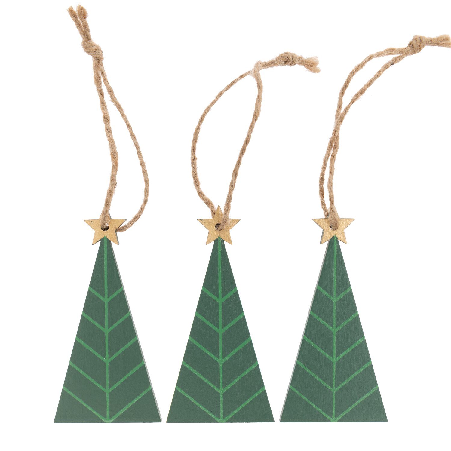 Holzhänger Tannenbaum grün 40x80mm 3 Stück: Drei grüne Holztannenbäume mit Sternen und Juteband zum Aufhängen.