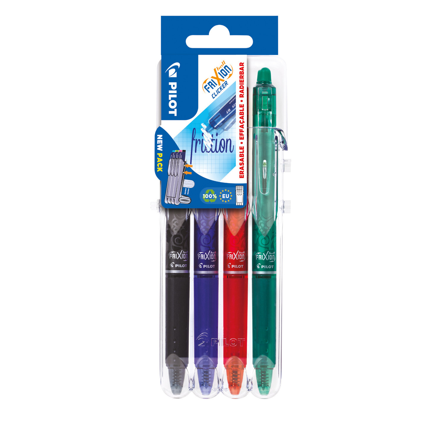FriXion Clicker 07 Set B/L/R/G, 4-teilig, von PILOT. Enthält Stifte in Schwarz, Blau, Rot und Grün. Ideal für fehlerfreies Schreiben.